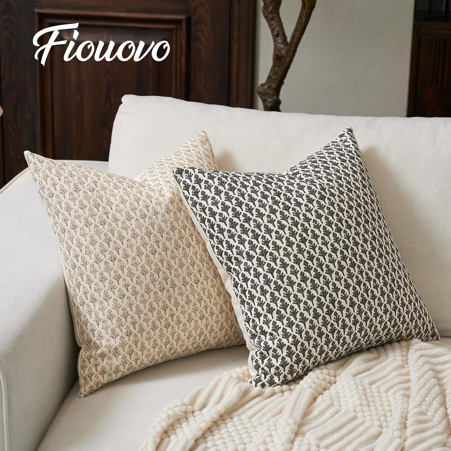 Fiouovohome FIOUOVO Floral Pillow Covers 20x20 Pillow Cover Block Print Couch Pillows for Living Room Decorative Neutral Accent Throw Pillo…
