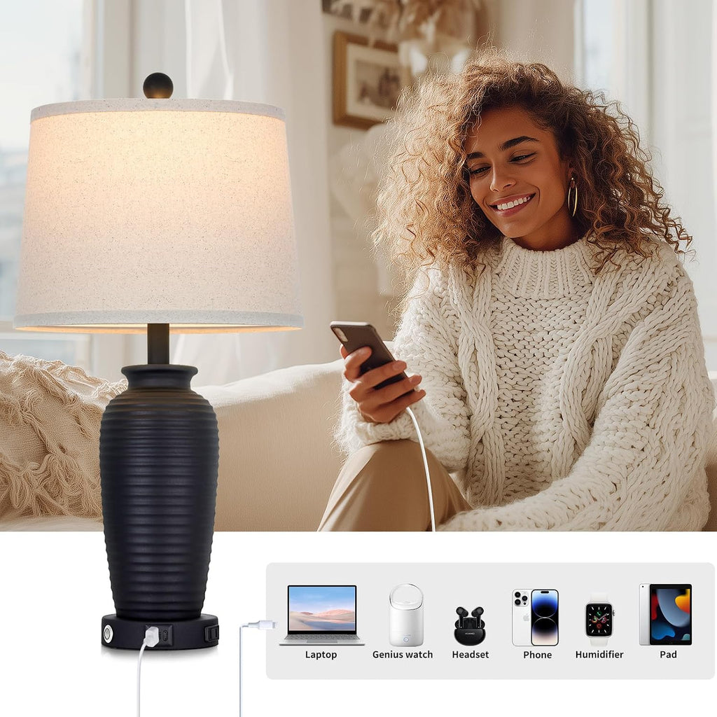 CINSARY 25" Retro Black Farmhouse Jar Table Lamps, 3 Way Touch Control Rustic Bedside Lamps with USB A+C Ports & AC Outlet, Pot…