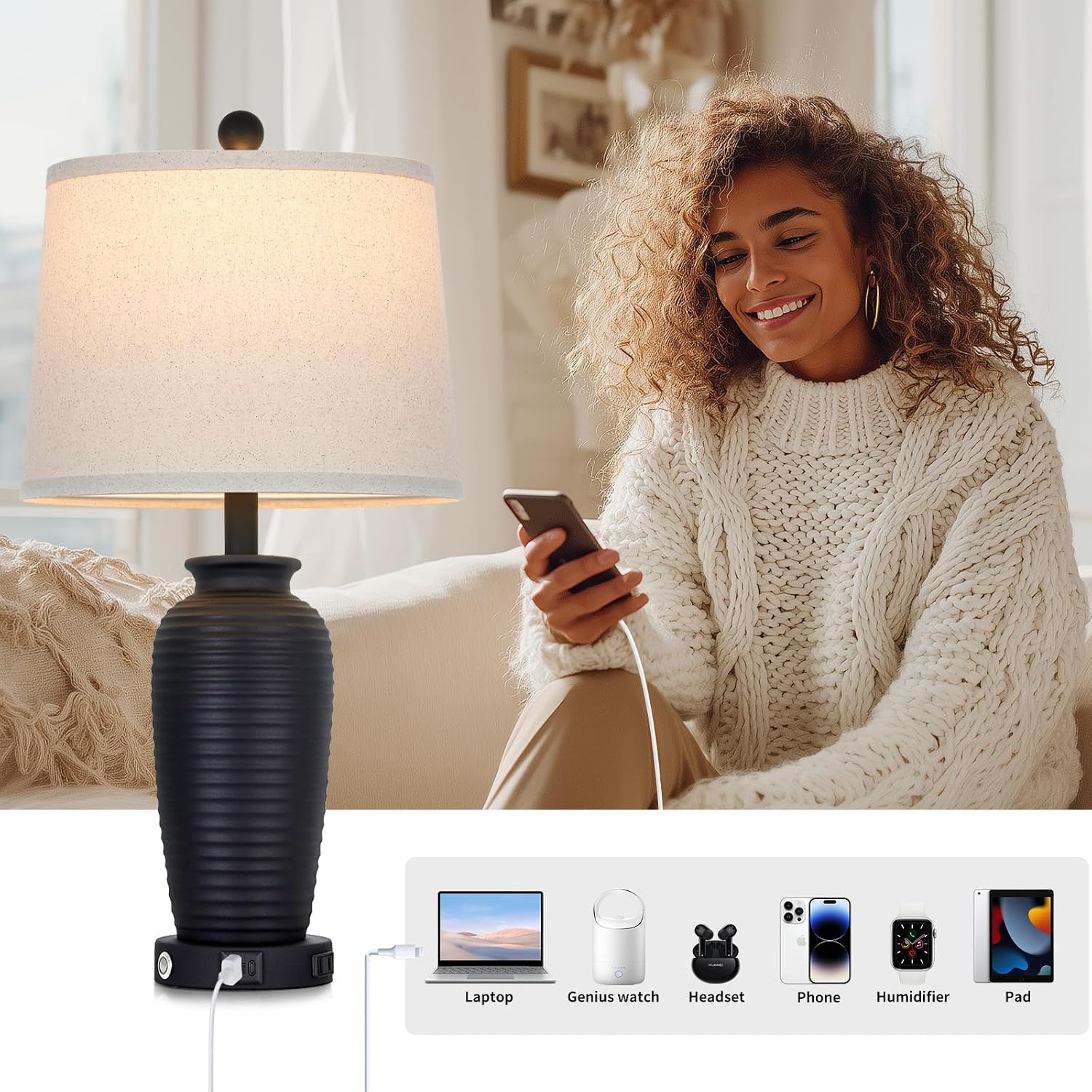 CINSARY 25" Retro Black Farmhouse Jar Table Lamps, 3 Way Touch Control Rustic Bedside Lamps with USB A+C Ports & AC Outlet, Pot…