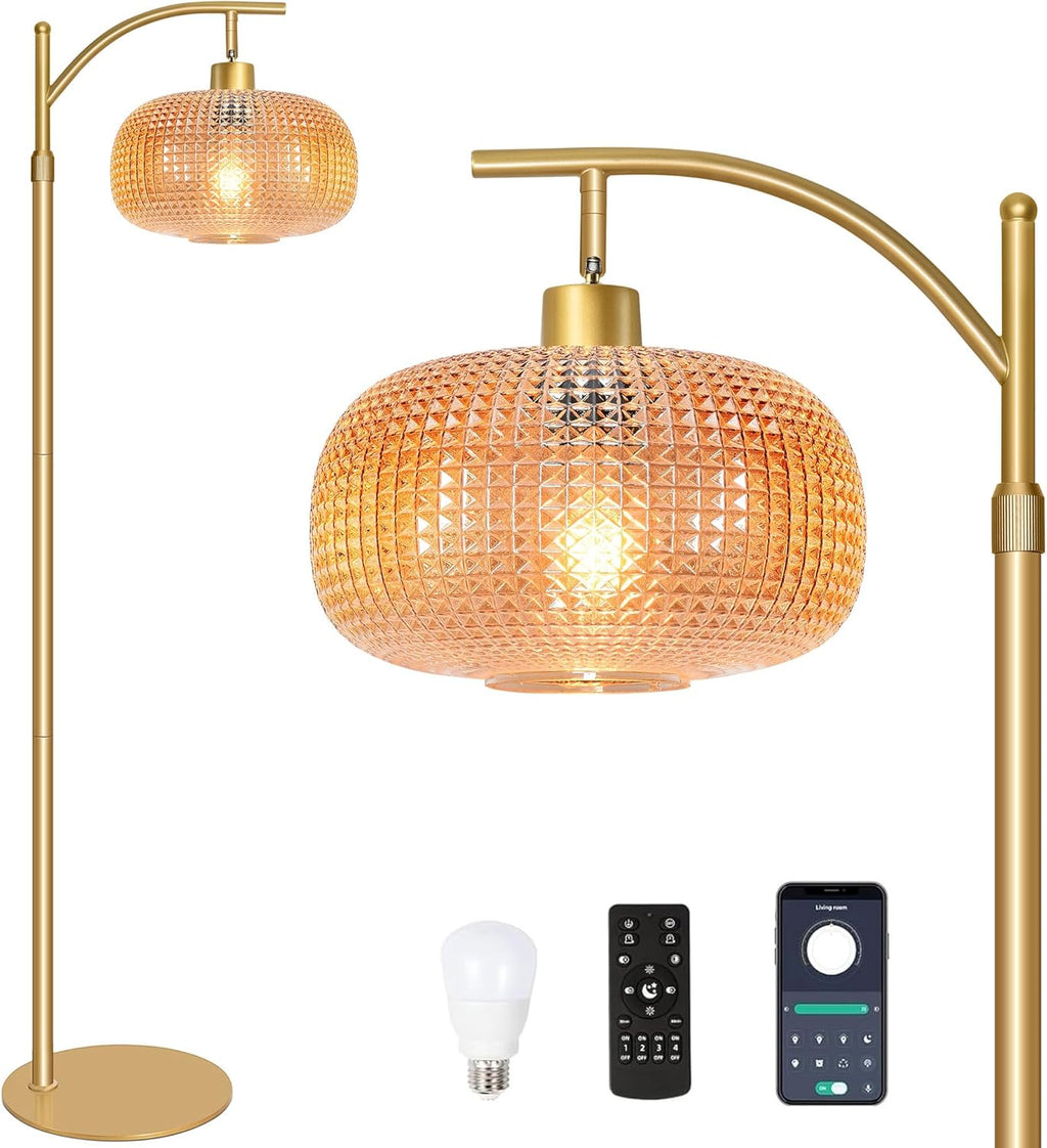 Glass Floor Lamp for Living Room with Amber Glass Lampshade, Dimmable Modern Standing Lamp with 12W LED Bulb, Remote Control Tall Lamp…