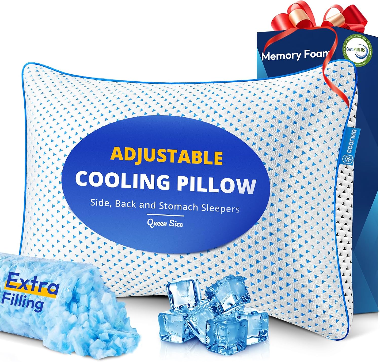 Fulocean Cooling Gel Memory Foam Pillow Queen Size for Sleeping 1 Pack, Thick Adjustable Firm Shredded Foam Bed Pillows for Side, Back, Sto…