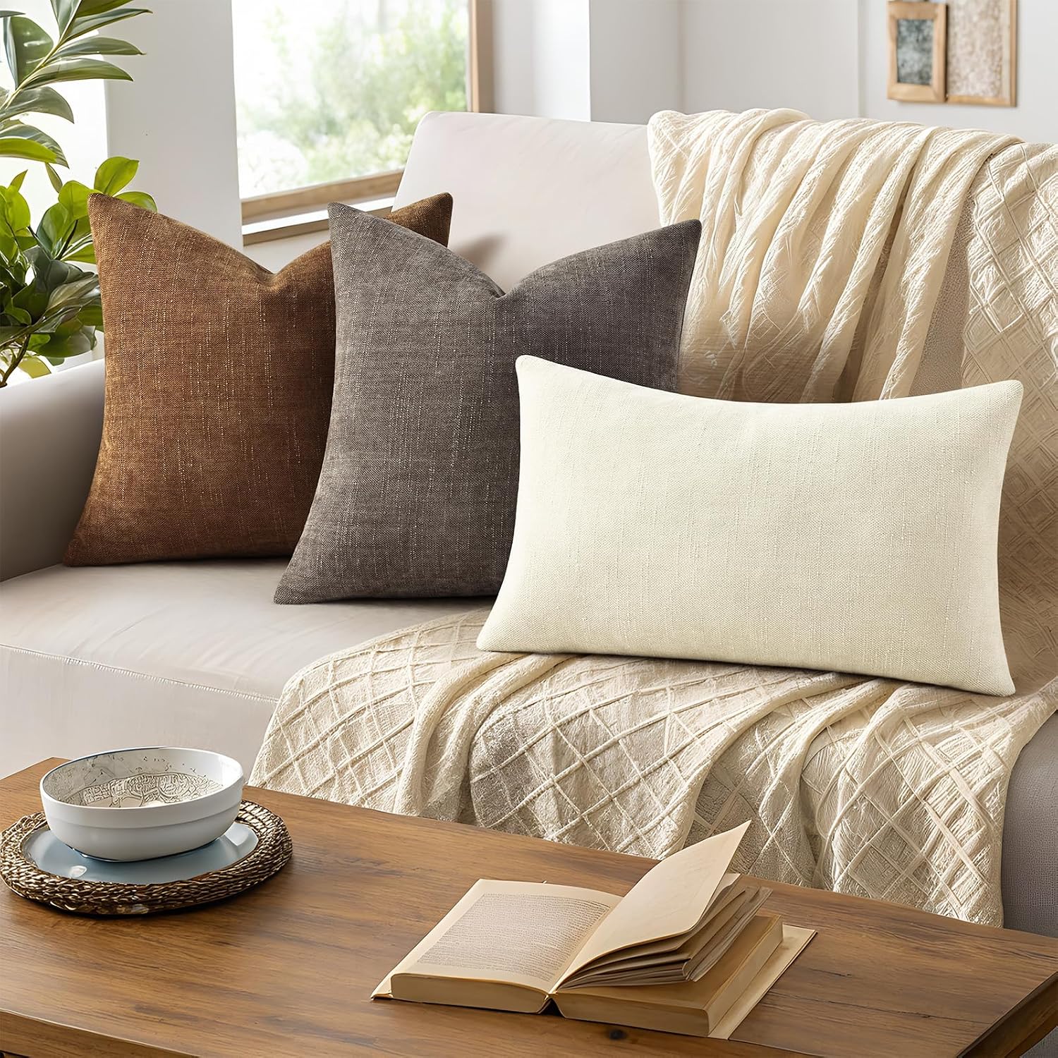 decorUhome Chenille Throw Pillow Covers 24x24 Set of 2, Square Decorative Pillow Covers with Zipper for Couch, Sofa, Living Room, Bronze