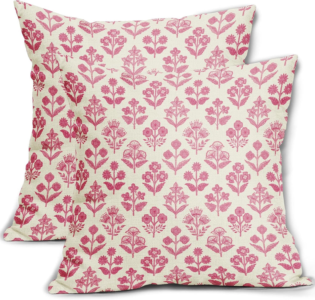 Hot Pink Floral Pillow Covers 22x22 Inch Set of 2, Vintage Flower Block Pattern Decorative Throw Pillowcases Outdoor Farmhouse Cushion…