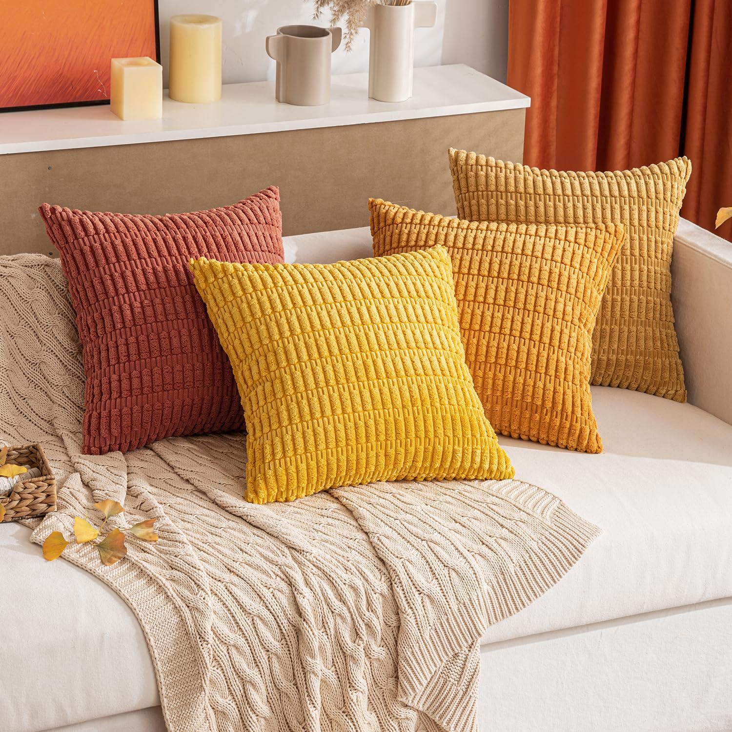 Miulee Pack of 4 Fall Boho Farmhouse Orange Yellow Corduroy Decorative Throw Pillow Covers 18x18 Inch Soft Striped Pillow Covers Modern Rus…