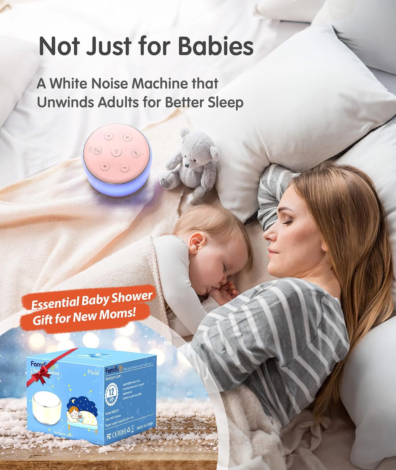 FamiSym Portable Sound Machine for Babies Kids Sleeping – Rechargeable, 7 Colors Night Light, 34 Soothing Sounds, Baby Sleep Soother…