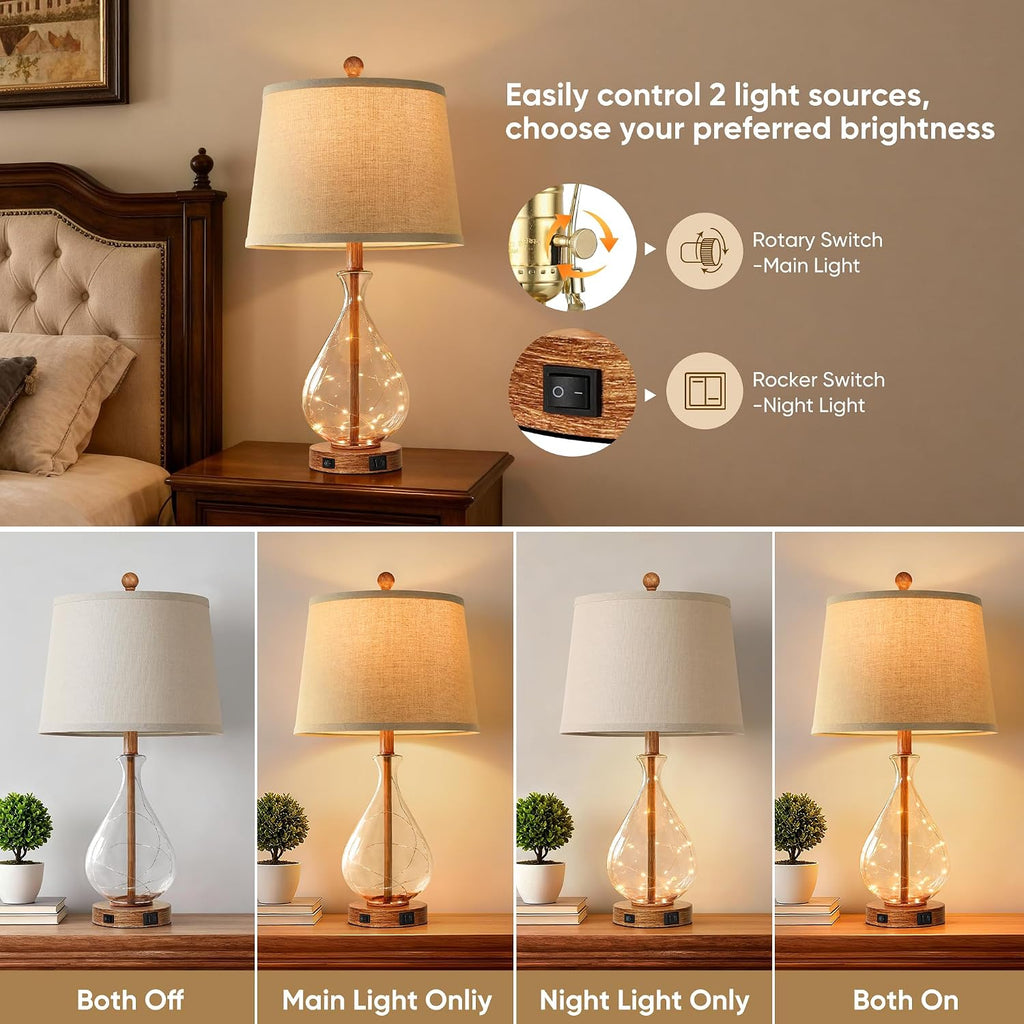 QiMH Farmhouse Table Lamps Set of 2 with Night Light, Mid Century Modern Bedside Lamps for Living Room, Glass Nightstand Lamp with USB…