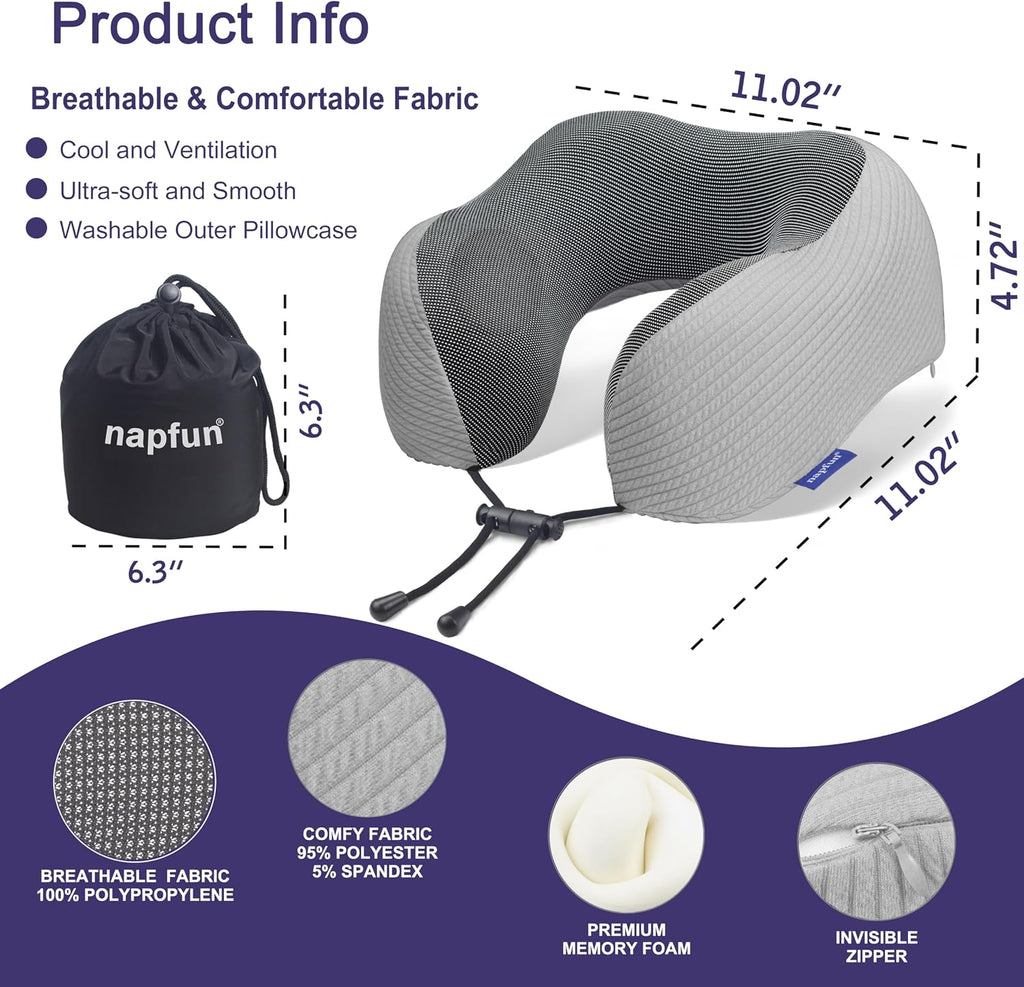 napfun Neck Pillow for Traveling, Upgraded Travel Neck Pillow for Airplane 100% Pure Memory Foam Travel Pillow for Flight Headrest Sleep…