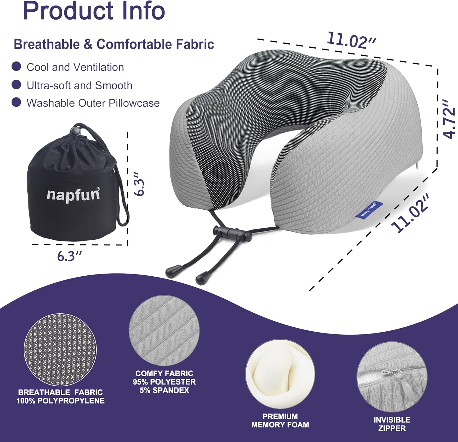 napfun Neck Pillow for Traveling, Upgraded Travel Neck Pillow for Airplane 100% Pure Memory Foam Travel Pillow for Flight Headrest Sleep…