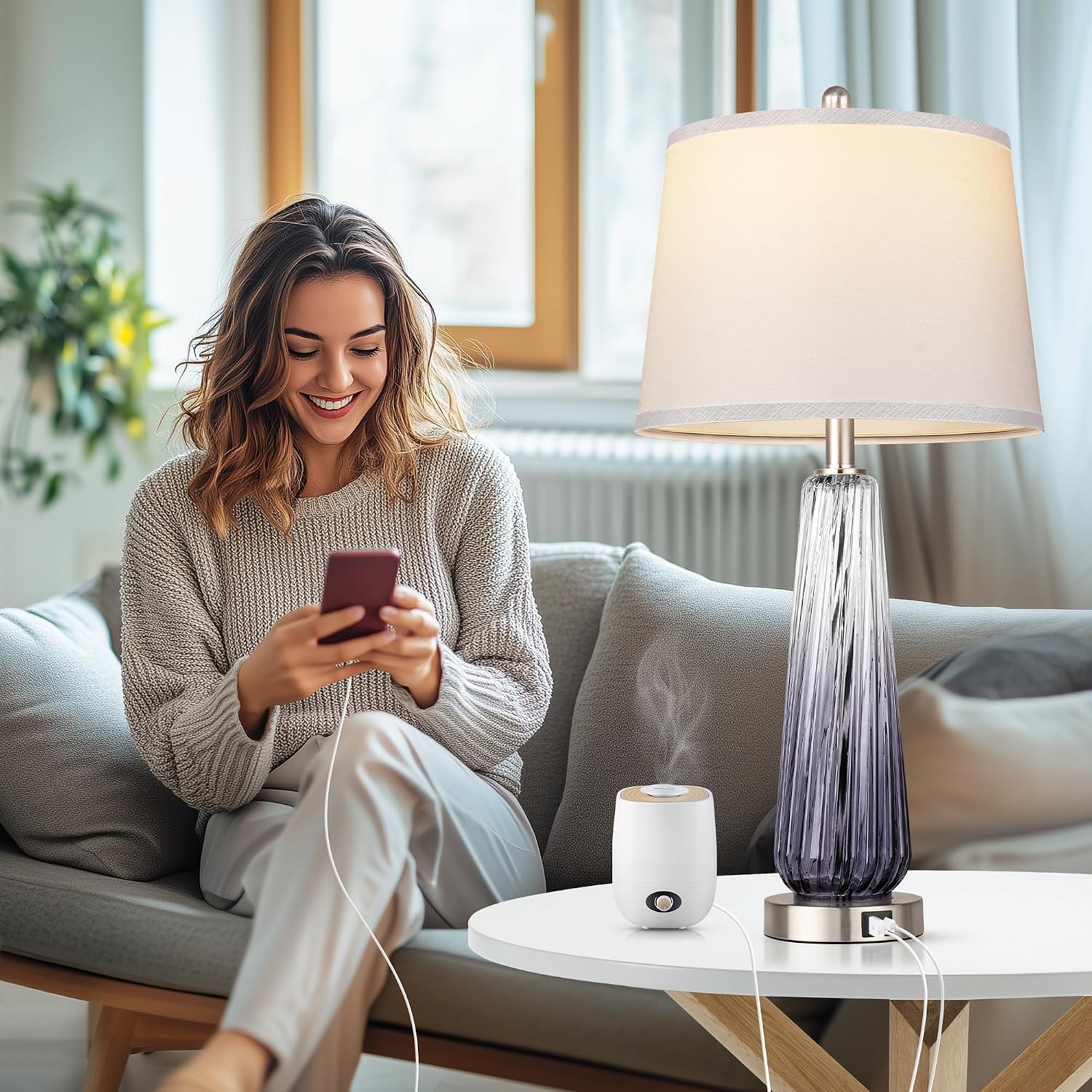 Glass Table Lamps for Living Room, Modern Bedside Lamps with USB A+C Ports, 3-Way Dimmable Touch Control Nightstand Lamp with White Linen…