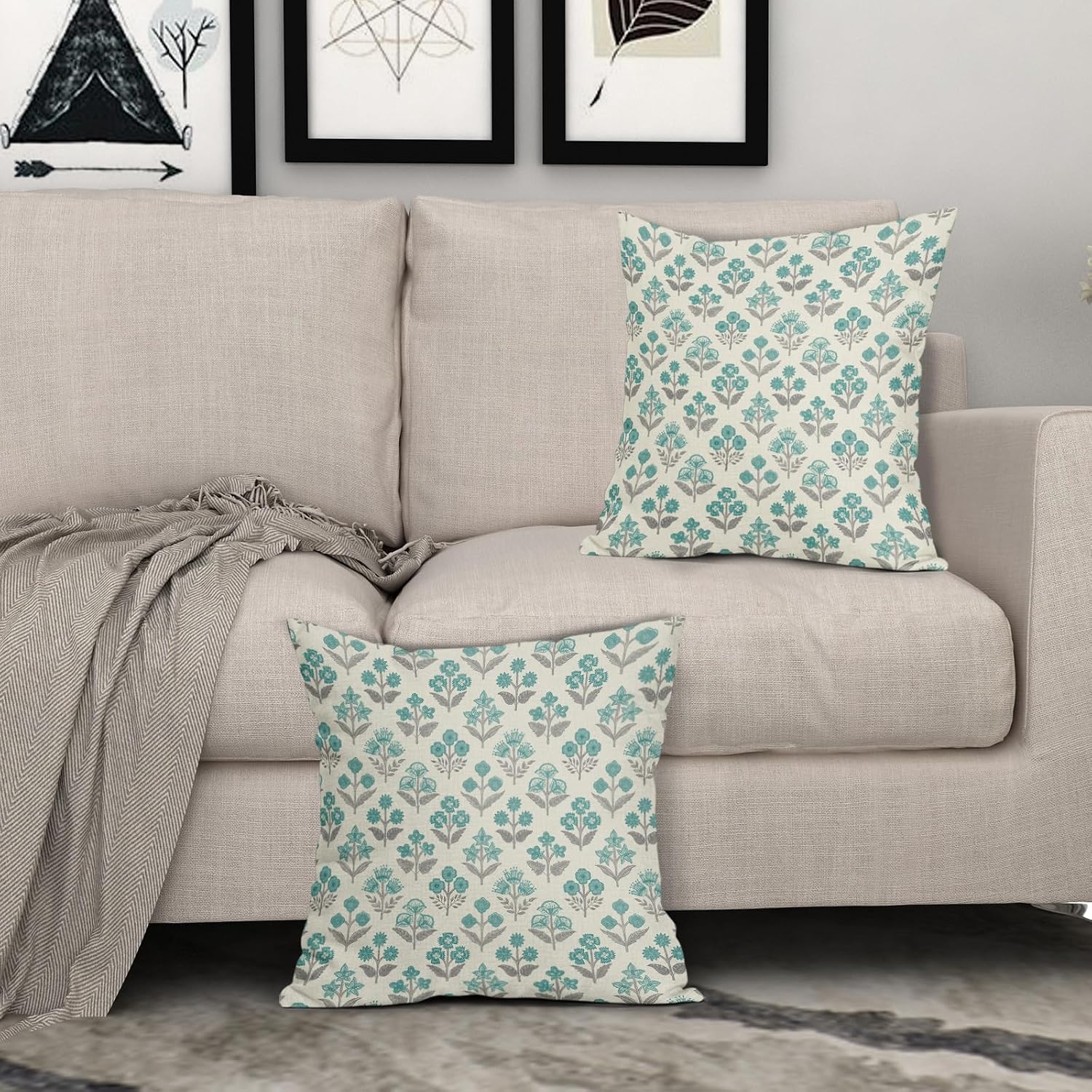 Teal Grey Gray Floral Pillow Covers 24x24 Inch Set of 2, Vintage Flower Block Print Pattern Decorative Throw Pillowcases Outdoor…