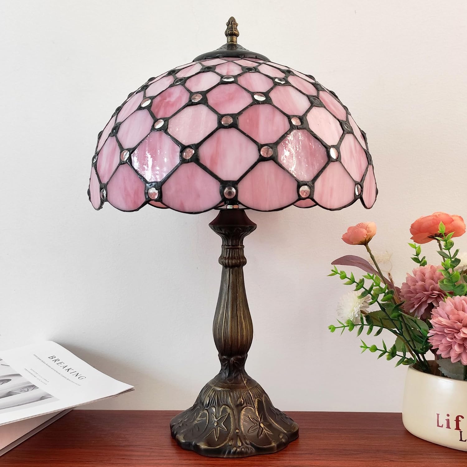 Tiffany Lamp Stained Glass Table Lamp Antique Bedside Desk Reading Light 3-Way Color LED Living Room Nightstand Light 12X12X19 Inches…