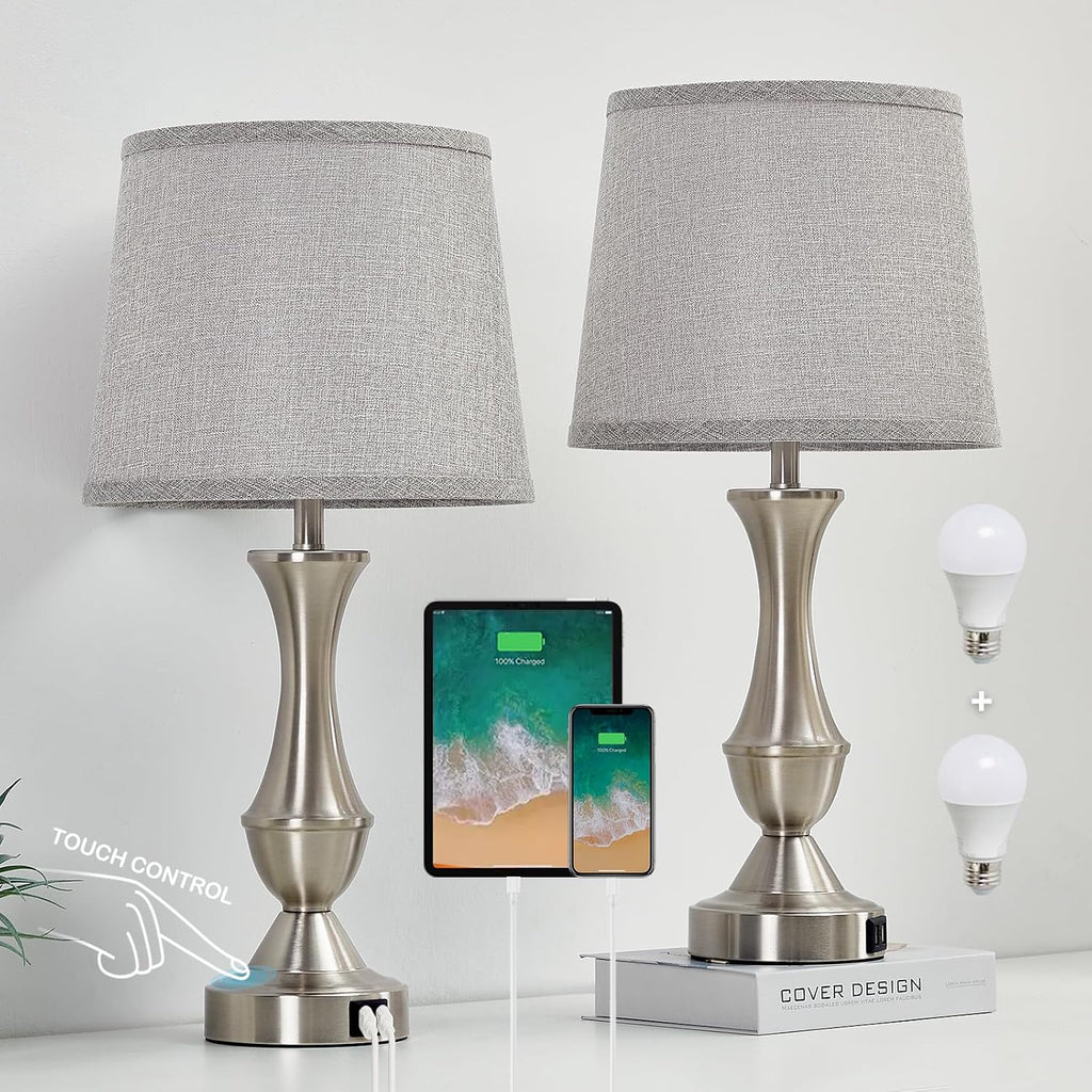Touch Table Lamps Set of 2, 22" Tall Bedside Lamps, Nightstand Lamps with USB C+A Charging Ports, Dimmable Lamp for Bedrooms, Living…