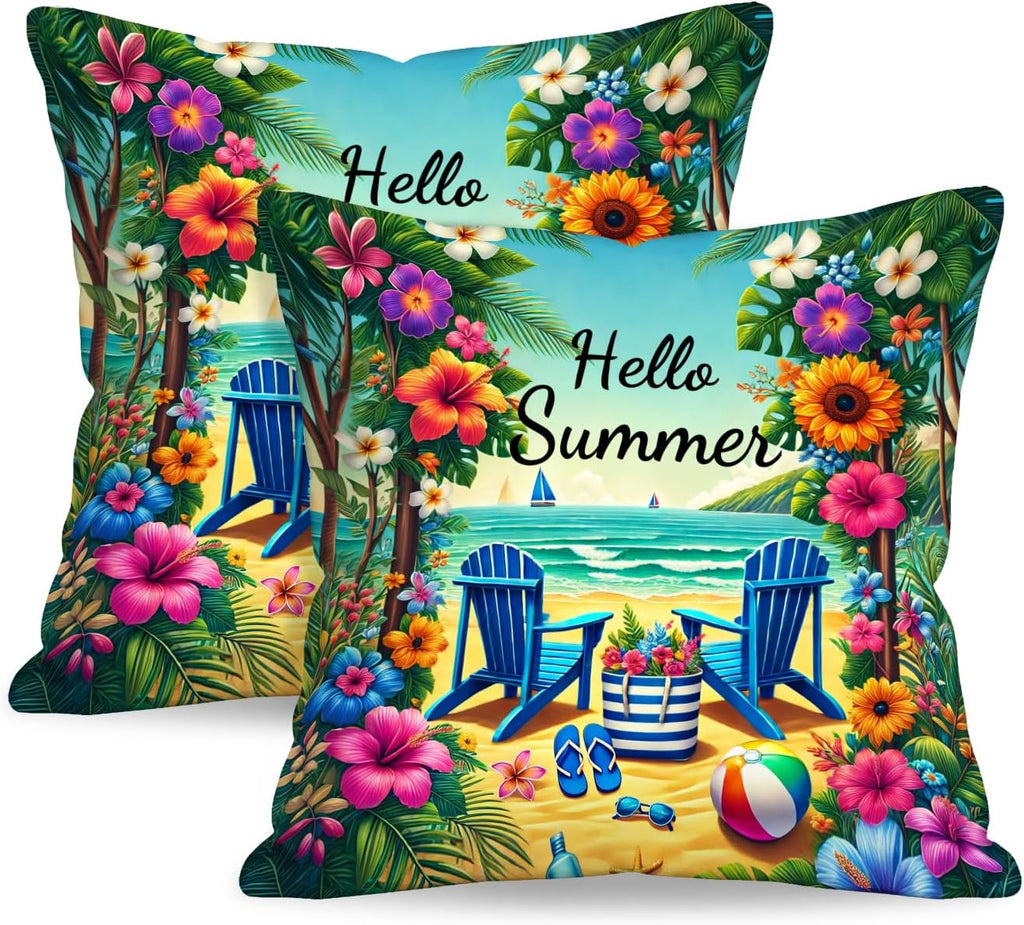BlissYard Hello Summer Beach Throw Pillow Covers 18x18 Coastal Decorative Pillow Covers Tropical Floral Summer Cushion Covers Seaside…