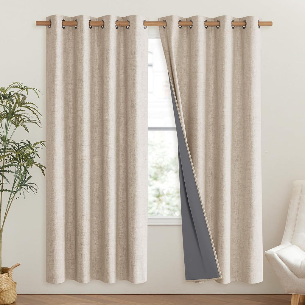 NICETOWN Cream Bedroom Full Blackout Linen Curtain Panels Set of 2, 52" by 72", Thick Insulated Classic Grommet Blackout Draperies with…