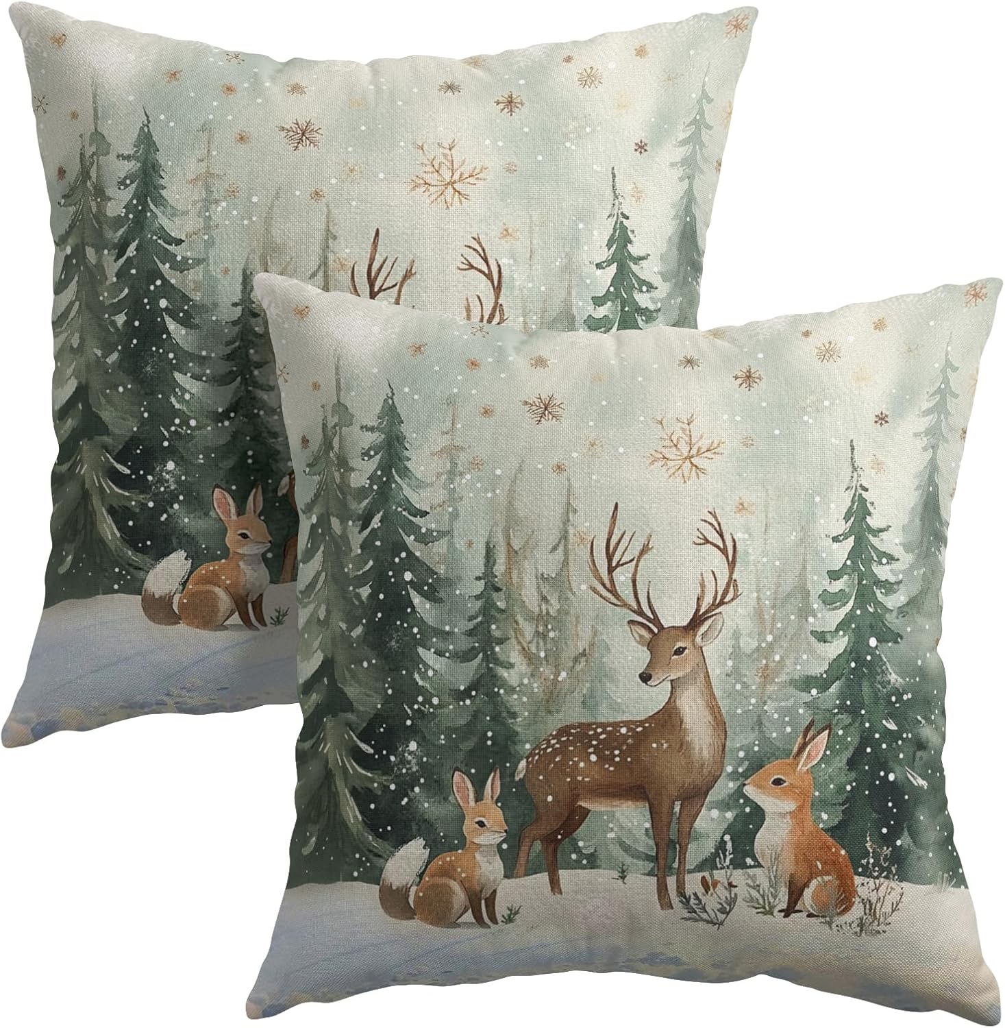 Xmas Reindeer Throw Pillow Cover 20x20 Inch Set of 2 Winter Trees Snowflake Holiday Animals Pillowcase Christma Deer Farmhouse Cushion…