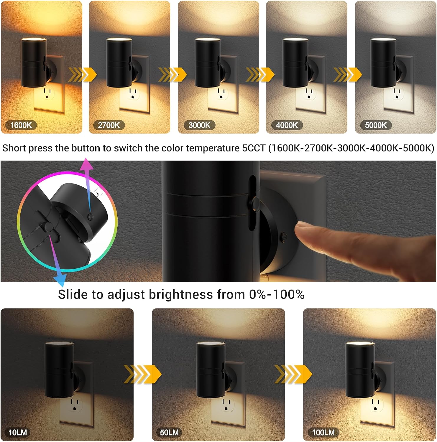 JandCase LED Night Light, Night Lights Plug into Wall with Dusk to Dawn Sensor, 5 Color Temperatures, Rotating Plug, Dimmable…