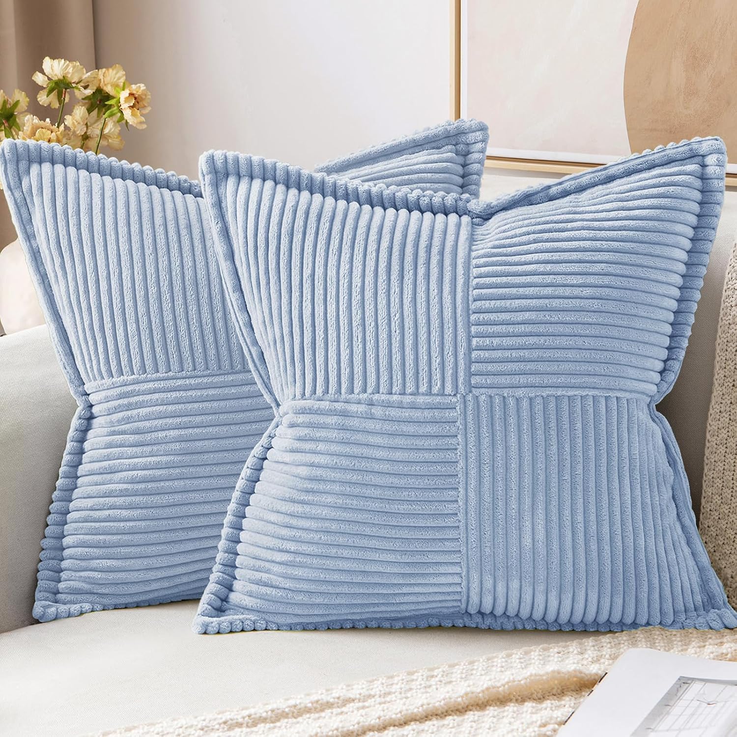 MIULEE Decorative Throw Pillow Covers for Couch Bed Livingroom 20x20 Inch Set of 2 Light Blue Boho Accent Throw Pllows Broadside Striped…