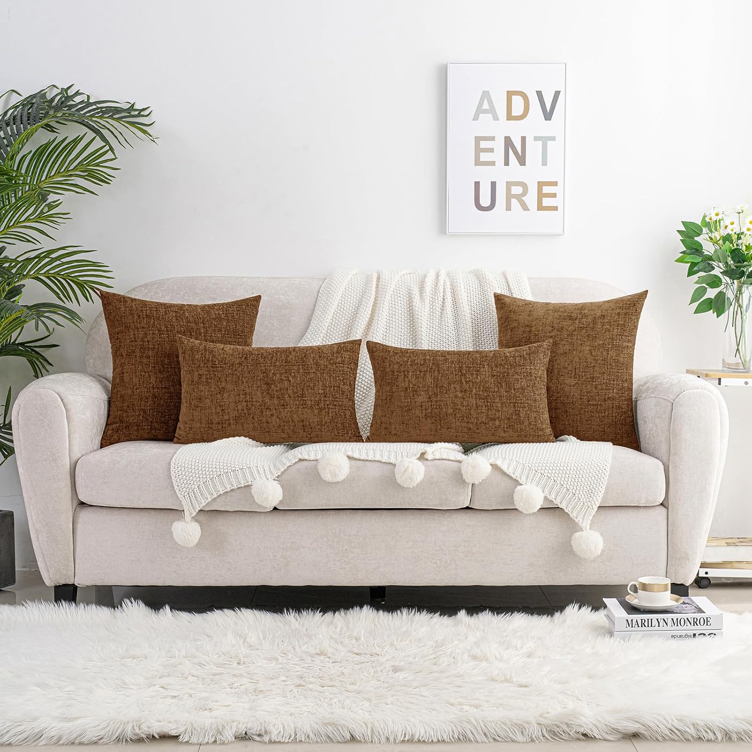 Hwy50 HWY 50 Brown Couch Pillow Covers 18x18 Inch Pack of 2, Soft Chenille Decorative Throw Pillow Cases Farmhouse for Sofa Living Room Bed…