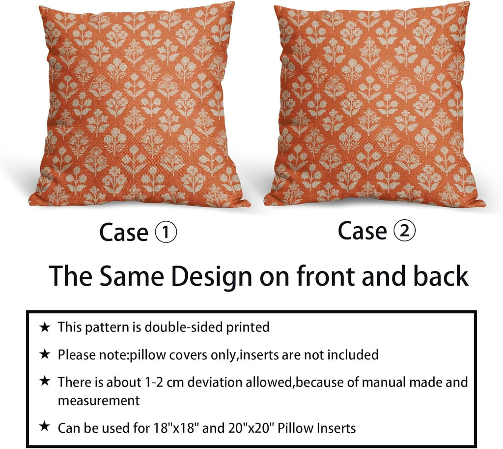 Orange Floral Block Print Pillow Covers 16x16 Inch Set of 2, Vintage Flower Pattern Decorative Throw Pillowcases Outdoor Farmhouse…