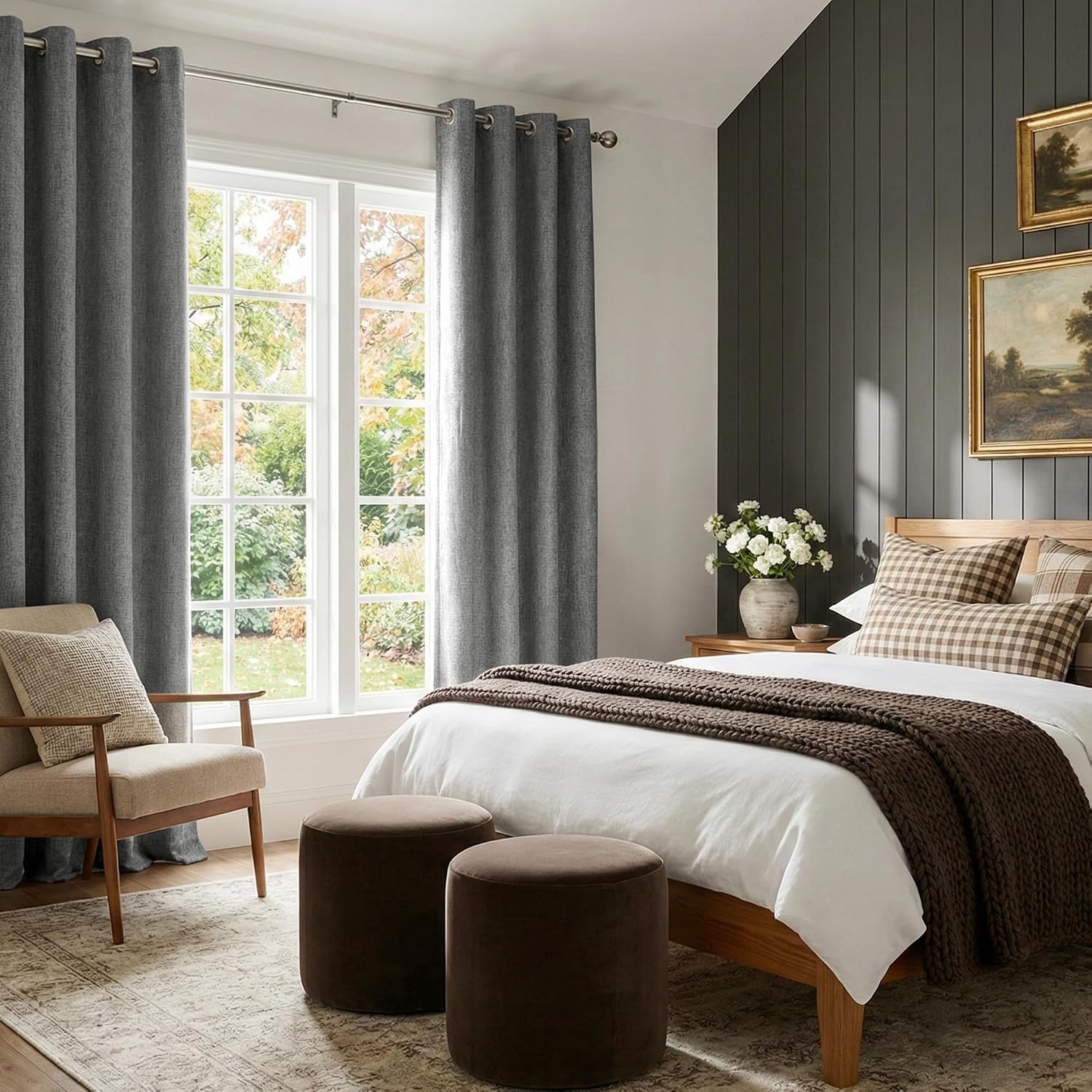 Nicetown 100% Blackout Linen Grey Curtains 96 inches Long, with White Liner Composite Grommet Thermal Drapes Relax Home Decor Window Treatm…