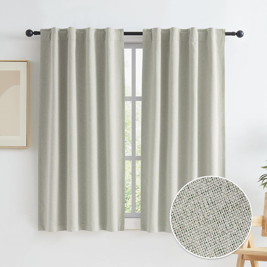 Keqiaosuocai Greyish Beige Blackout Linen Curtains 45 Inches Long, Completely Blackout Window Treatment Panels for Small Windows Hook Belt…
