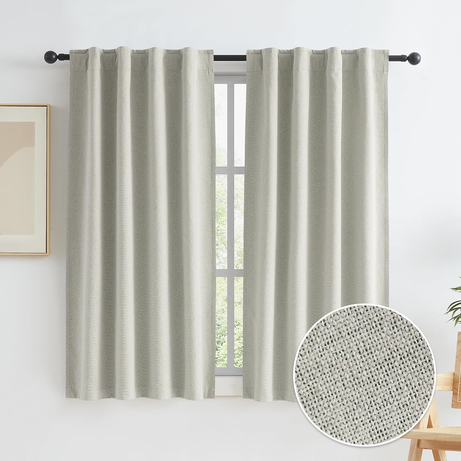Keqiaosuocai Greyish Beige Blackout Linen Curtains 45 Inches Long, Completely Blackout Window Treatment Panels for Small Windows Hook Belt…