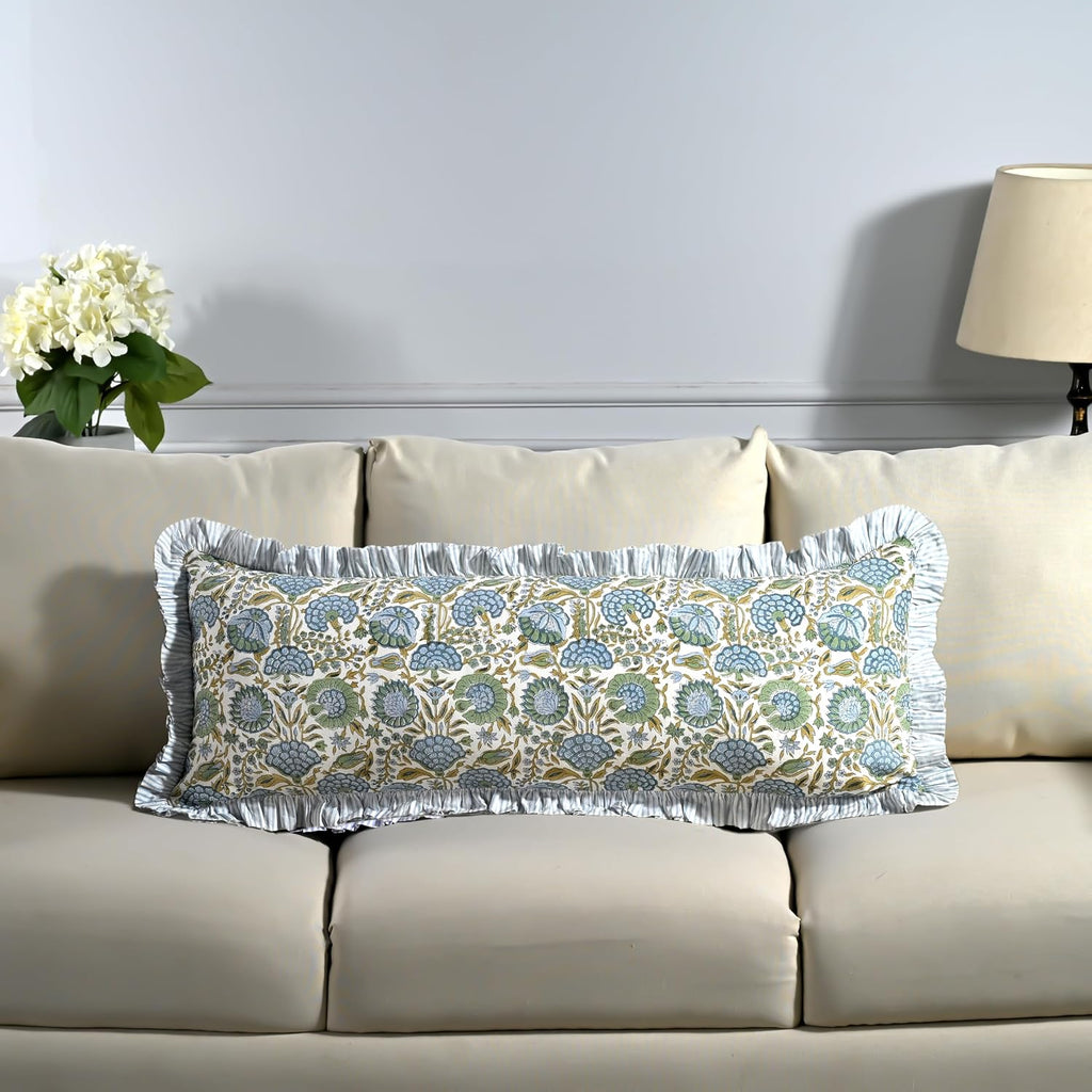 Ridhi Block Print Asparagus Green 36"x14" Set 1-100% Cotton Ruffle Lumbar Sham Cover Boho Floral Pillowcase, Farmhouse Cottagecore…
