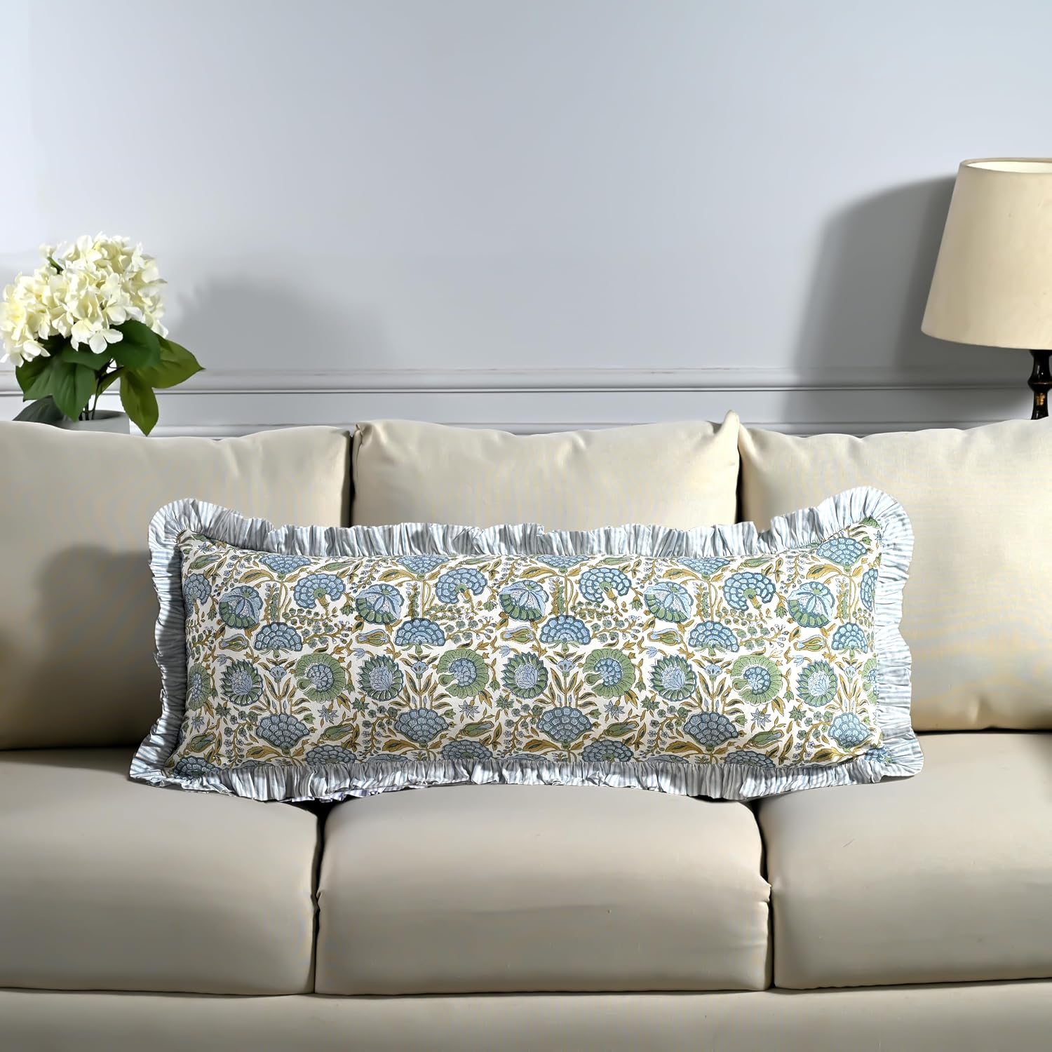 Ridhi Block Print Asparagus Green 36"x14" Set 1-100% Cotton Ruffle Lumbar Sham Cover Boho Floral Pillowcase, Farmhouse Cottagecore…