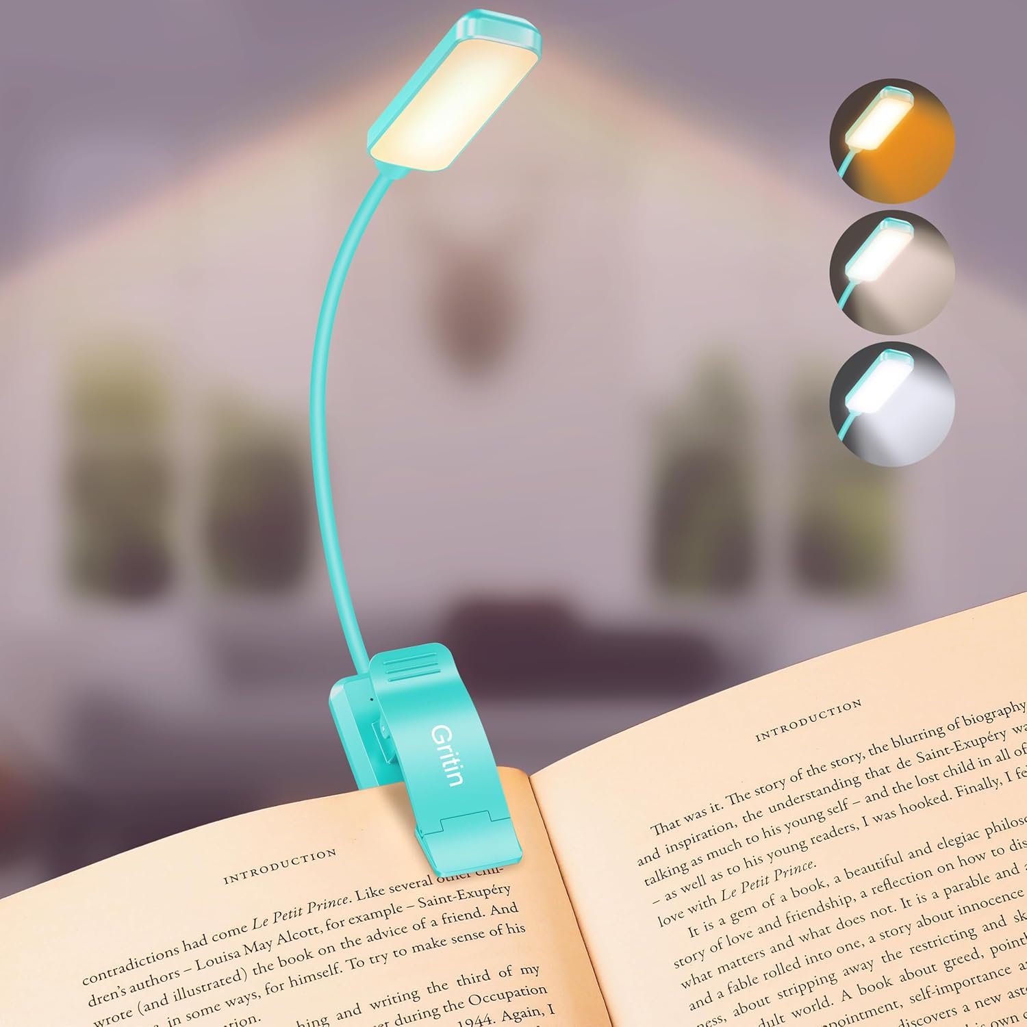 Gritin 9 LED Rechargeable Book Light for Reading in Bed - Eye Caring 3 Color Temperatures, Stepless Dimming Brightness,80 Hrs Runtime…