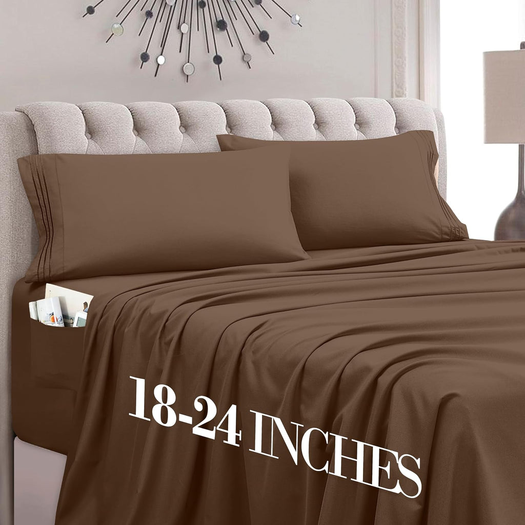 MocassiLuxuryBedding Mocassi Cal King Size 4-Piece Bed Sheet Set - 1800 Hotel Quality Microfiber 18-24 Inches Extra Deep Pocket Fitted Shee…