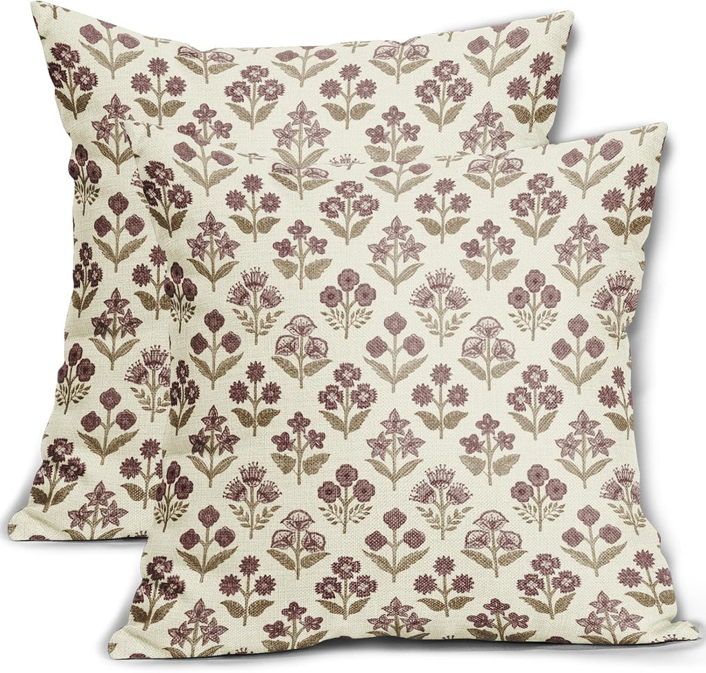 Brown Burgundy Red Floral Block Print Pillow Covers 16x16 Inch Set of 2, Vintage Flower Pattern Decorative Throw Pillowcases Outdoor…