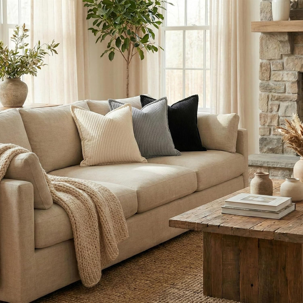 Mecatny Corduroy Summer Throw Pillow Covers 26x26 Set of 2, Neutral Decorative Soft Boho Couch Pillow Covers with Broadside for Sofa…