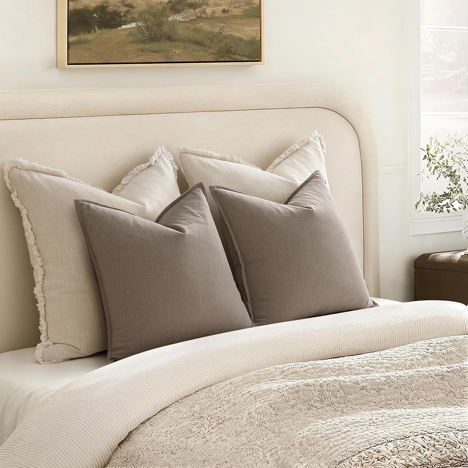 Anroduo Pack of 2 Decorative Linen Pillow Covers Mushroom Brown Neutral Farmhouse Boho Soild Cushion Case Soft Accent Pillowcase for Couch…