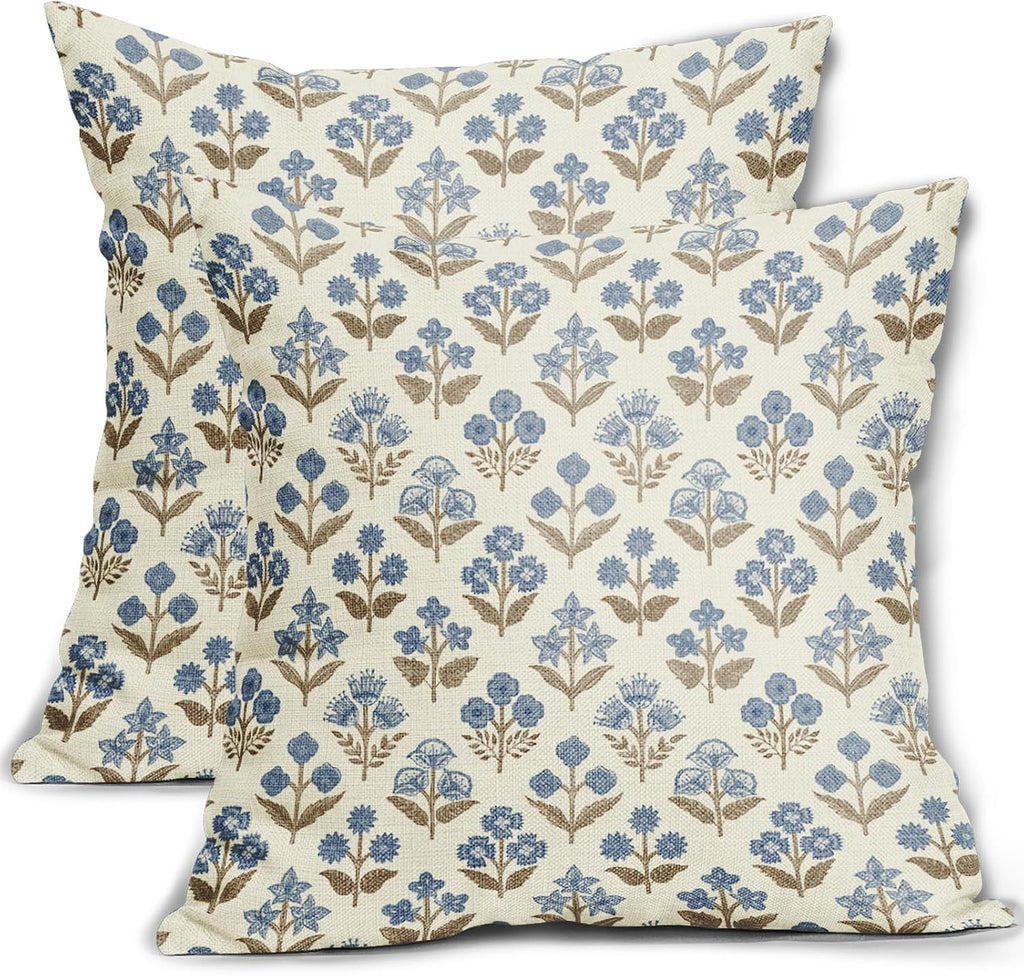 Brown Blue Floral Block Print Pillow Covers 16x16 Inch Set of 2, Vintage Flower Pattern Decorative Throw Pillowcases Outdoor Farmhouse…
