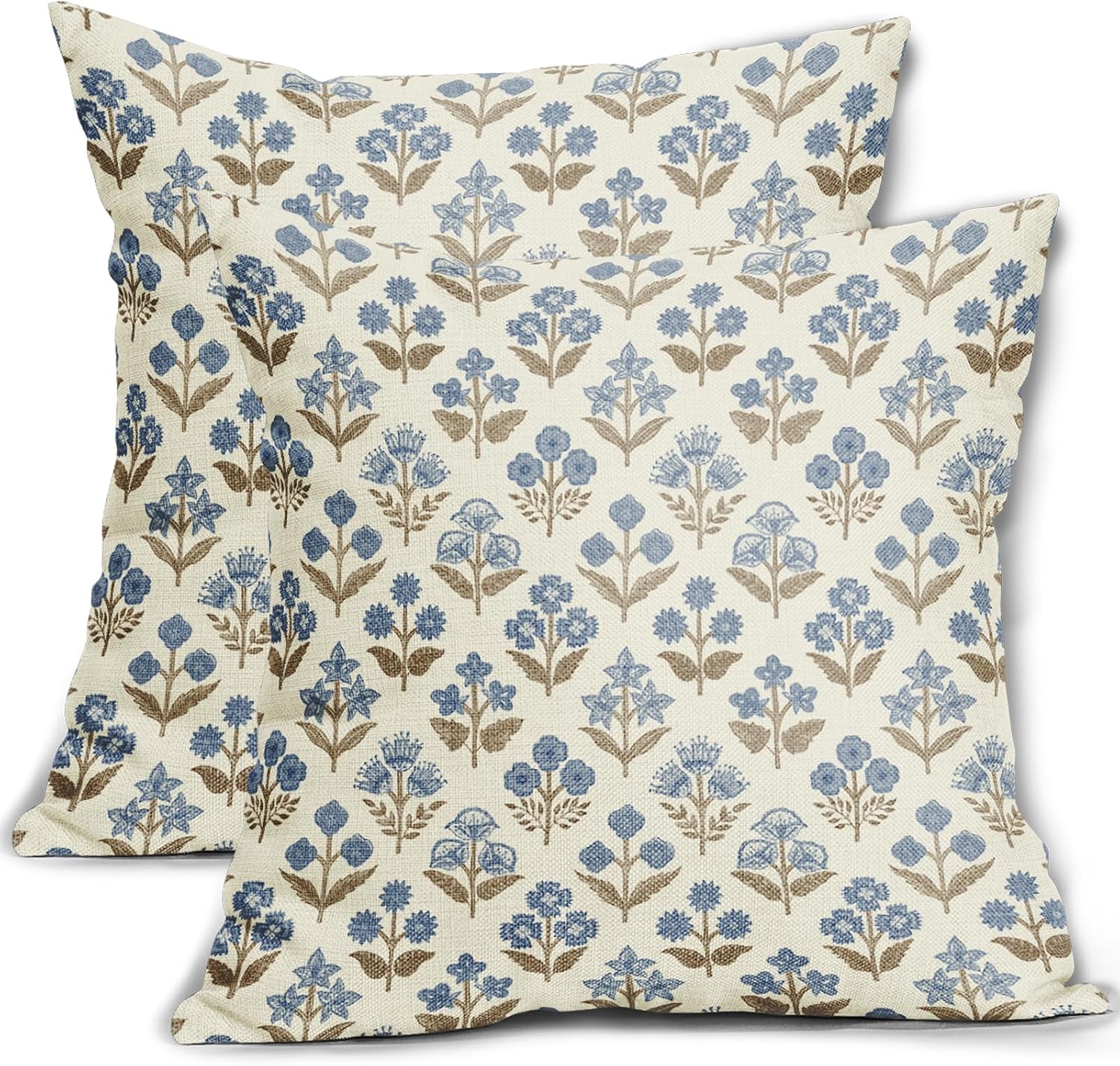 Brown Blue Floral Pillow Covers 24x24 Inch Set of 2, Vintage Flower Block Print Pattern Decorative Throw Pillowcases Outdoor Farmhouse…