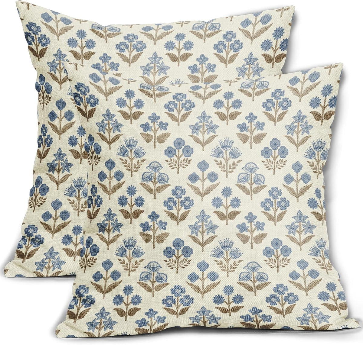 Brown Blue Floral Block Print Pillow Covers 18x18 Inch Set of 2, Vintage Flower Pattern Decorative Throw Pillowcases Outdoor Farmhouse…