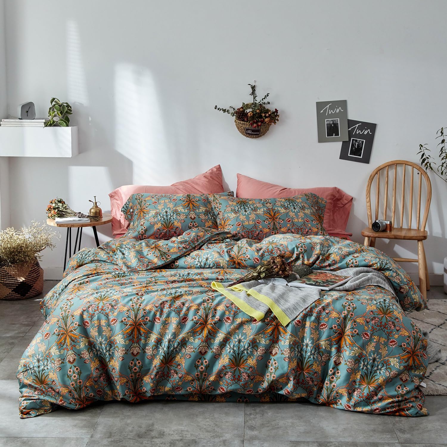 mixinni Vintage Style Garden Flower Duvet Cover Set with Zipper Closure Long Staple Percale Cotton Yellow Vibrant Pattern on Bedding Quilt…