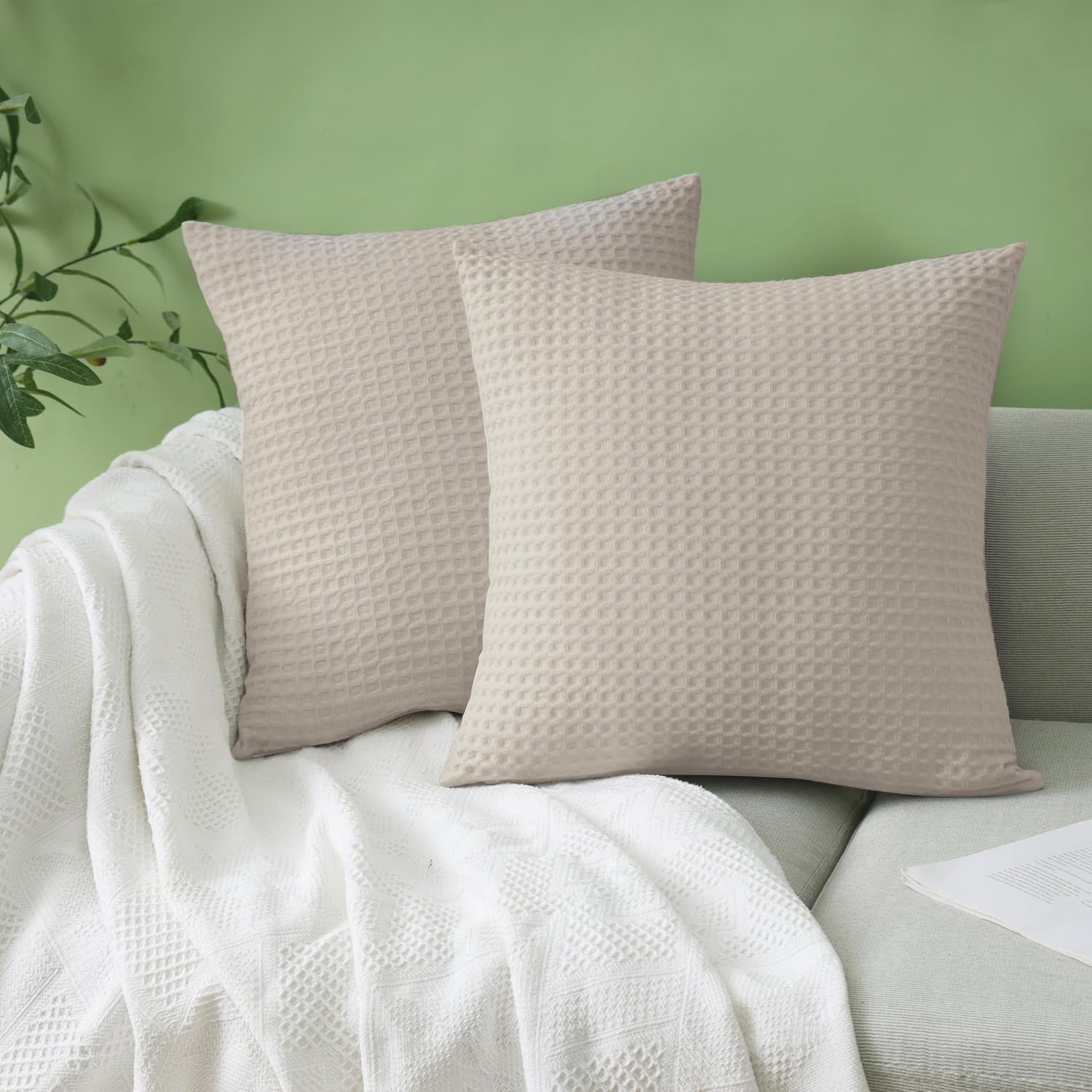 ZaizaiHome 100% Egyptian Cotton 600 TC Waffle Weave Throw Pillow Covers 2 Pack, Ultra Soft Breathable Euro Pillow Shams Covers, Decorative…