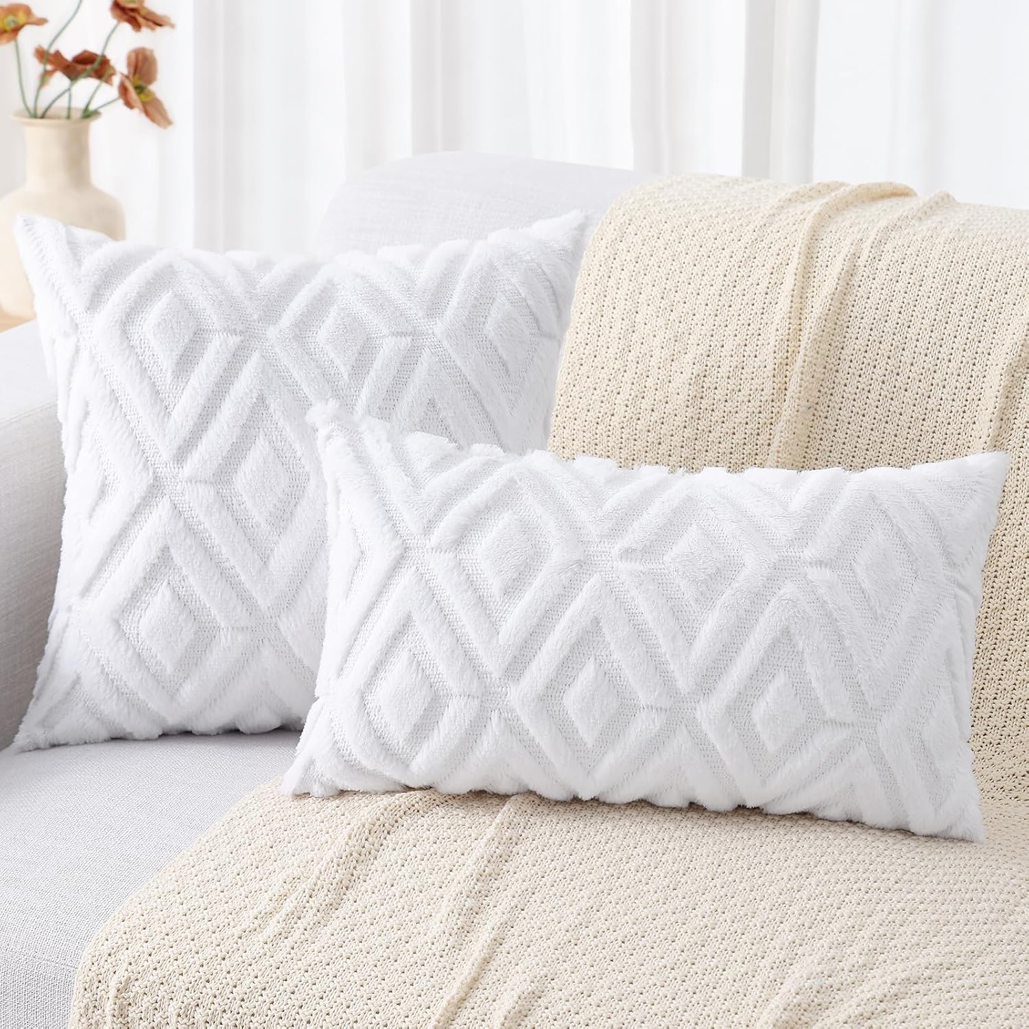 decorUhome Summer Couch Euro Sham Throw Pillow Covers 24x24 Set of 2, Decorative Soft Plush Faux Fur Wool Accent Pillow Covers for Modern F…