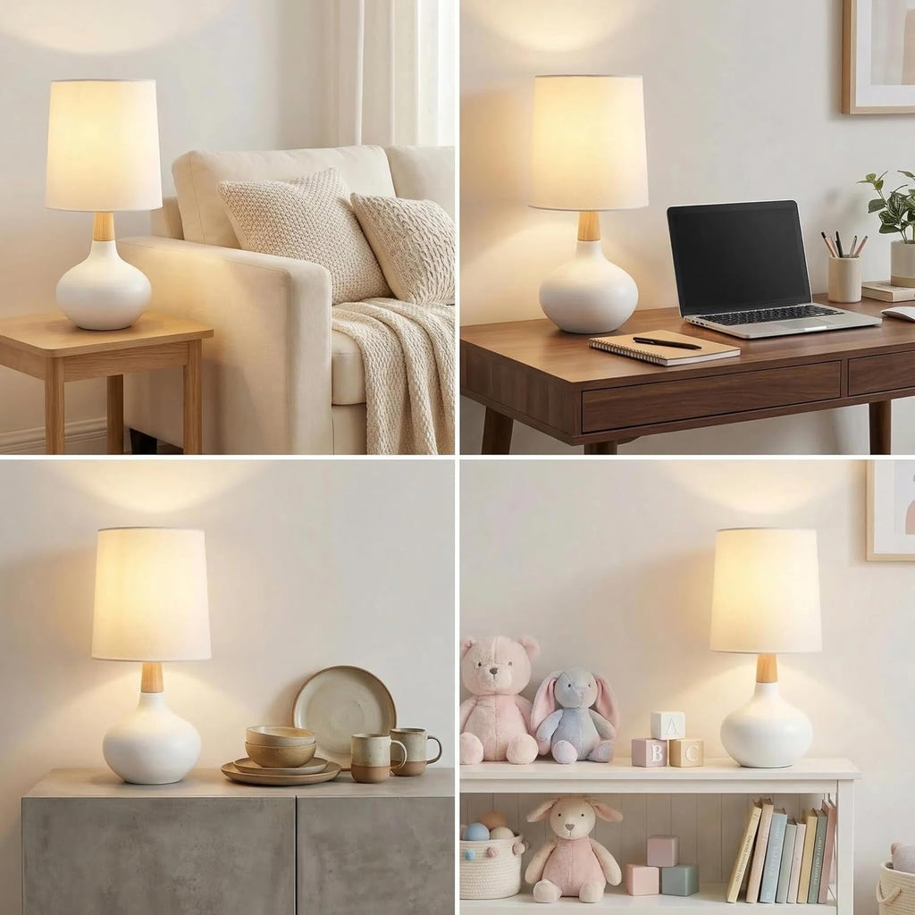 Hightry 14" Small Ceramic Table Lamp Set of 2, Bedside Lamp for Living Room with Natural Wood Stem & Linen Shade for Home Decor, Modern Far…