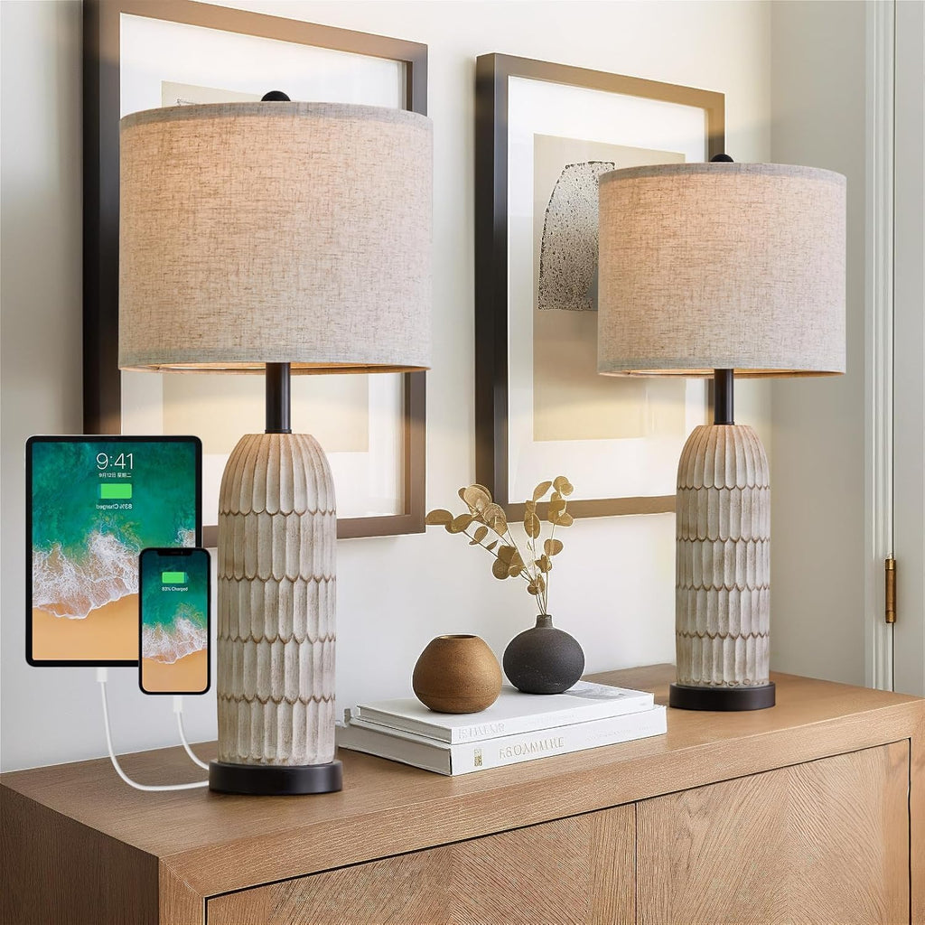 OYEARS 26.5" Bedside Table Lamps Set of 2, Farmhouse Table Lamp with USB A+C Charging Ports, Vintage Nightstand Lamp for Bedrooms and…