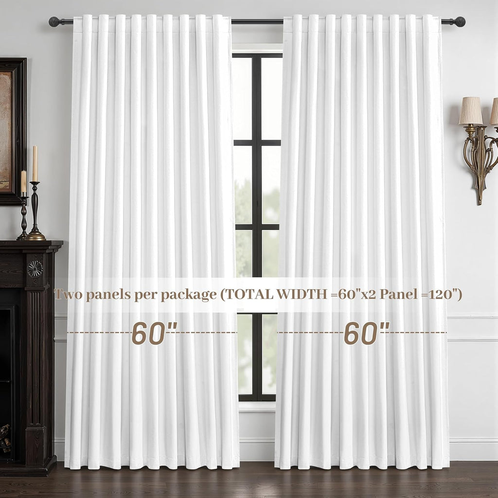 Qjmydeco Pure White Blackout Curtains 60 Inches Extra Wide Modern Linen 96 Inch Length for Living Room, Boho Pleated Farmhouse Bedroom Larg…