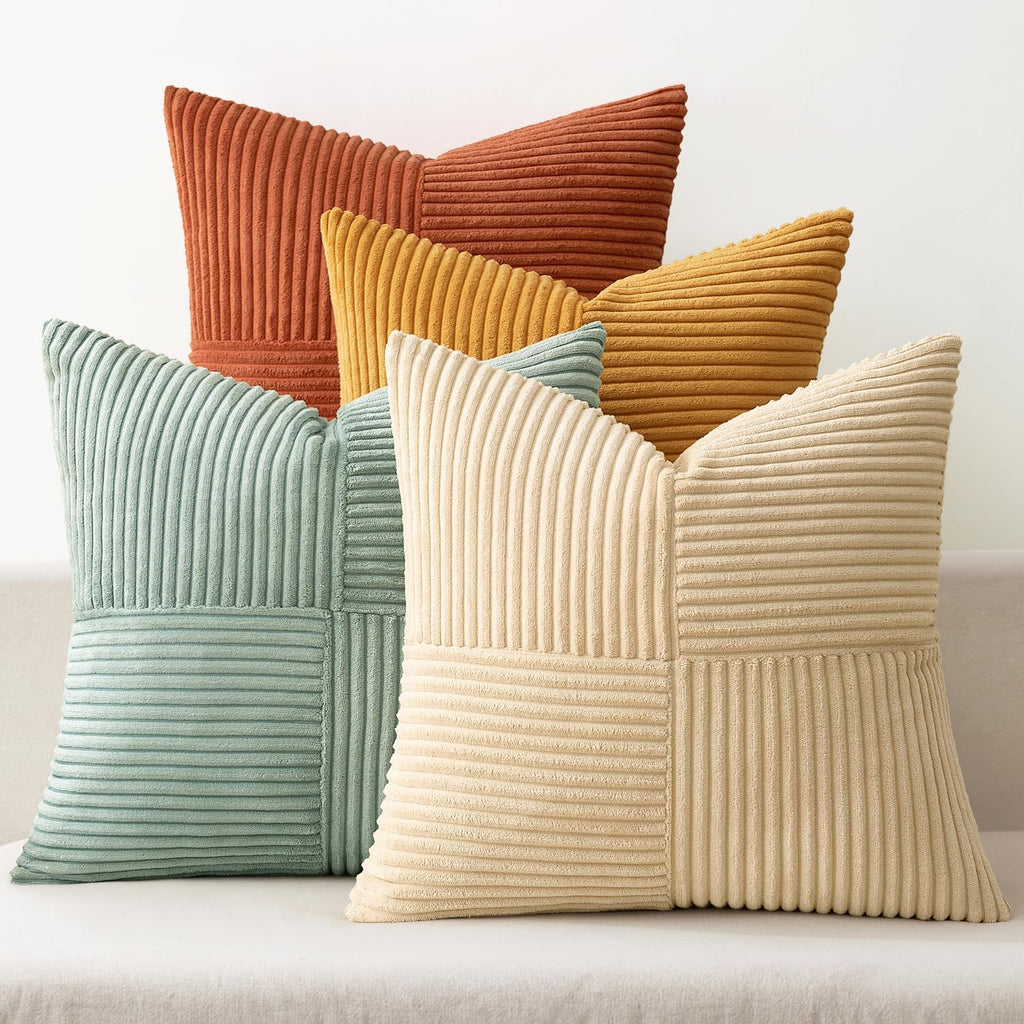 Miulee Teal Orange Decorative Throw Pillow Covers 18x18 Inch Set of 4 Boho Corduroy Striped Cushion Cases Modern Farmhouse Patchwork Pillow…
