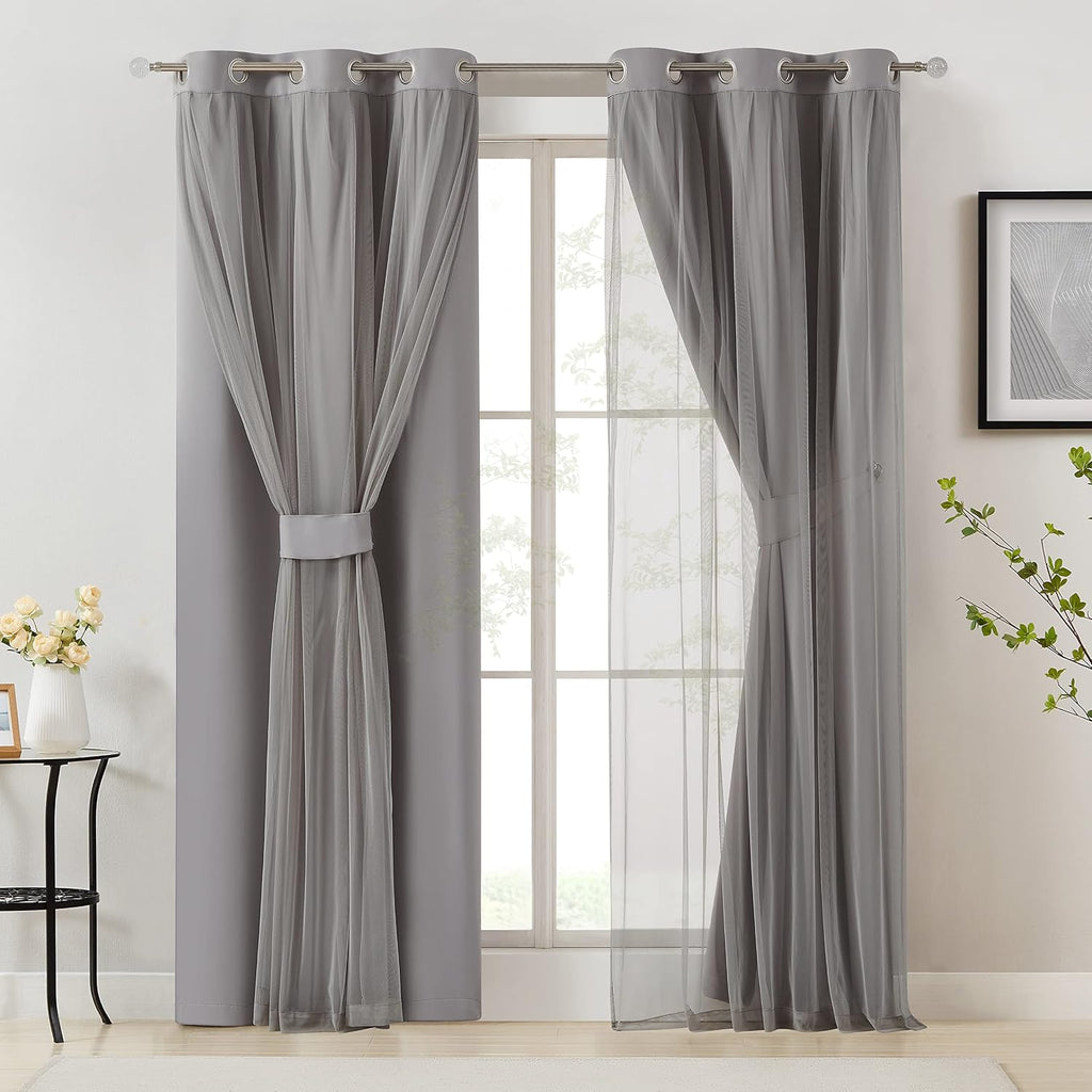 Bujasso Grey 90% Blackout Curtains with Sheer Overlay Mix and Match Double Layer Window Curtains Thermal Insulated 84 inch for Living Room…