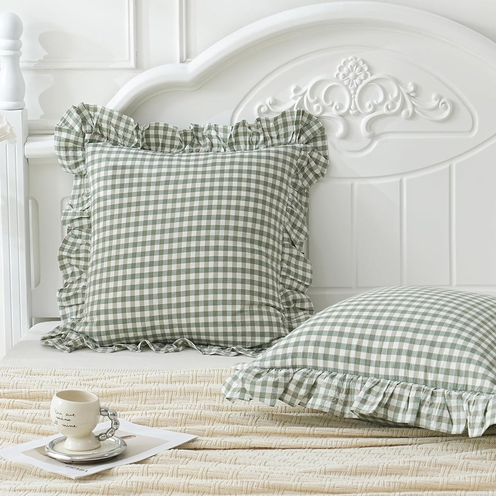 Qilunn 2 Pack Sage Green White Plaid Ruffle Euro Shams Pillow Covers 26x26 inches, 100% Cotton Gingham Checkered Farmhouse Pillowcases for…