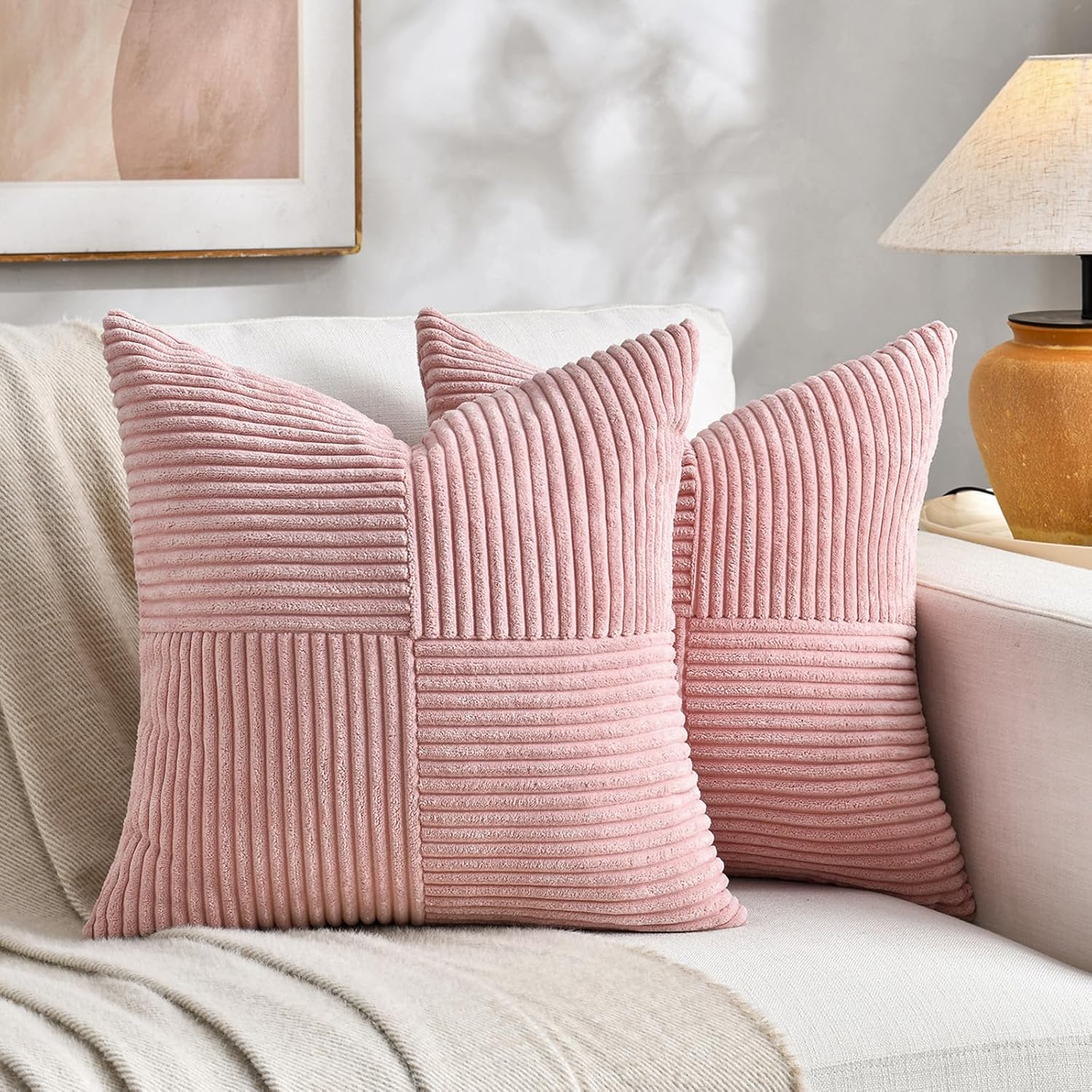 Fancy Homi 2 Packs Blush Pink Decorative Throw Pillow Covers 16x16 Inch for Living Room Couch Bed, Rustic Farmhouse Boho Home Decor, Soft…