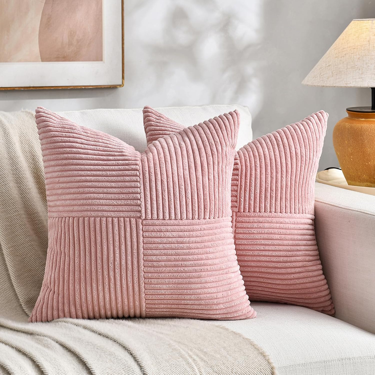 Fancy Homi 2 Packs Blush Pink Decorative Throw Pillow Covers 18x18 Inch for Living Room Couch Bed, Rustic Farmhouse Boho Home Decor, Soft…