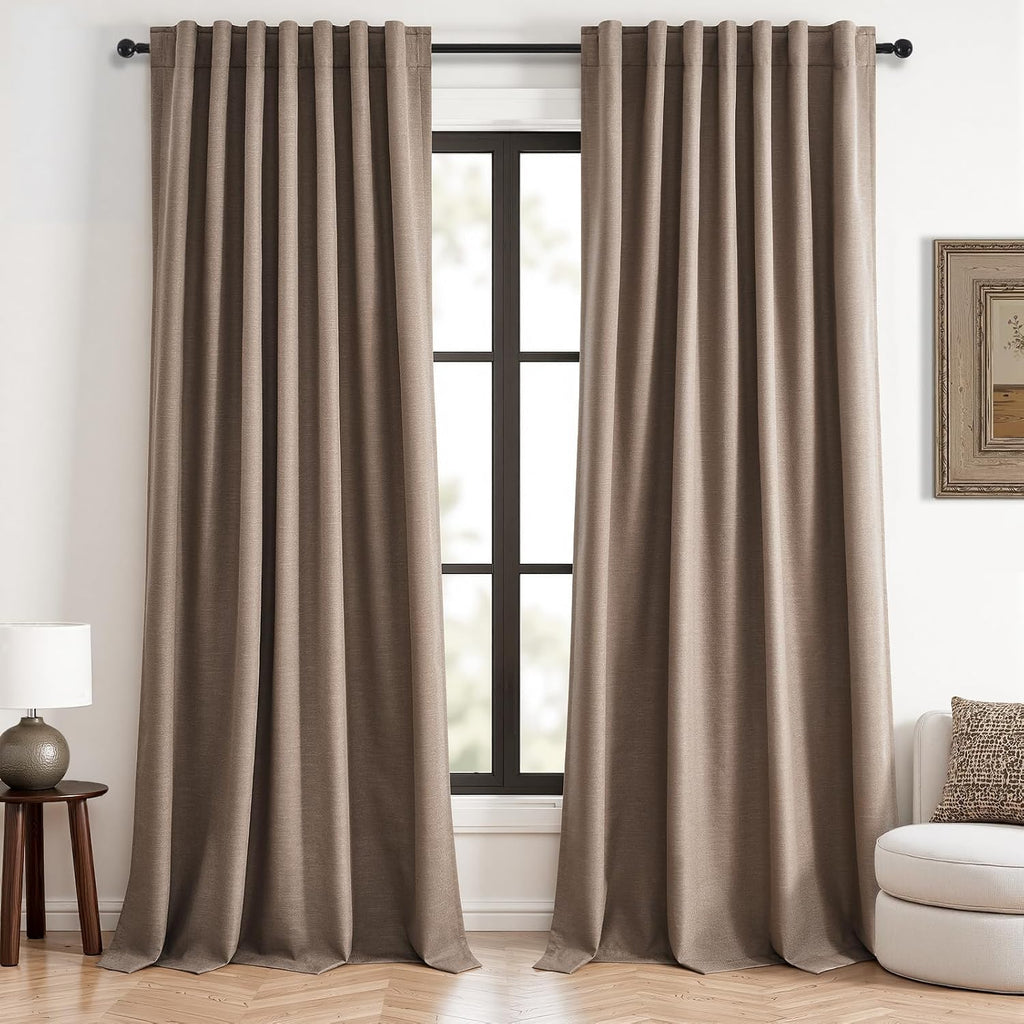 Topfinel 102 inch long blackout curtains 2 Panels 100% Black out Linen texture Curtain elegant Taupe Farmhouse Drapes with Back Tab Rod Poc…