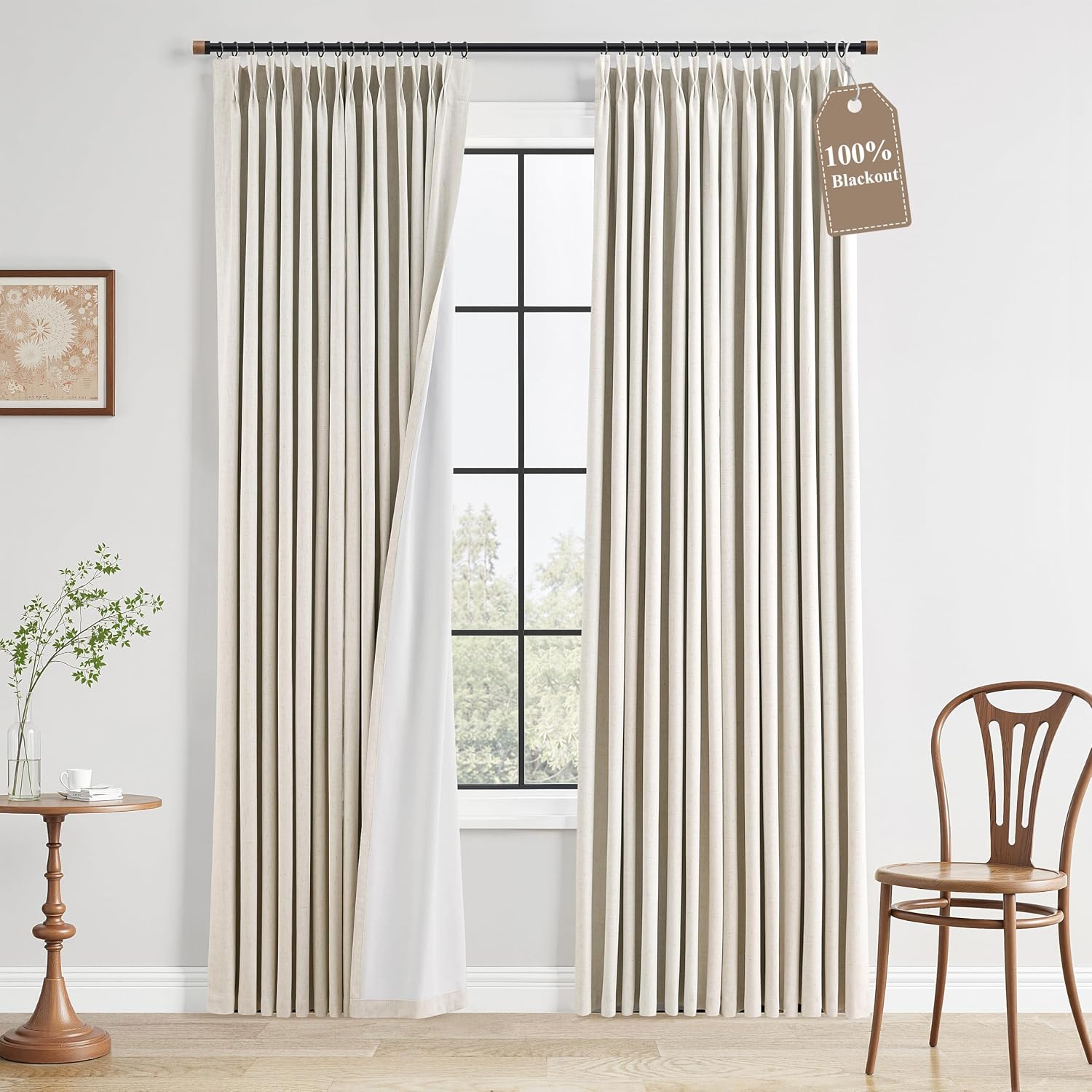 Boodii Pinch Pleated 100% Blackout Linen Curtains Natural Cream Room Darkening Modern Curtain 84 Inch for Bedroom Living Room Thermal Insul…