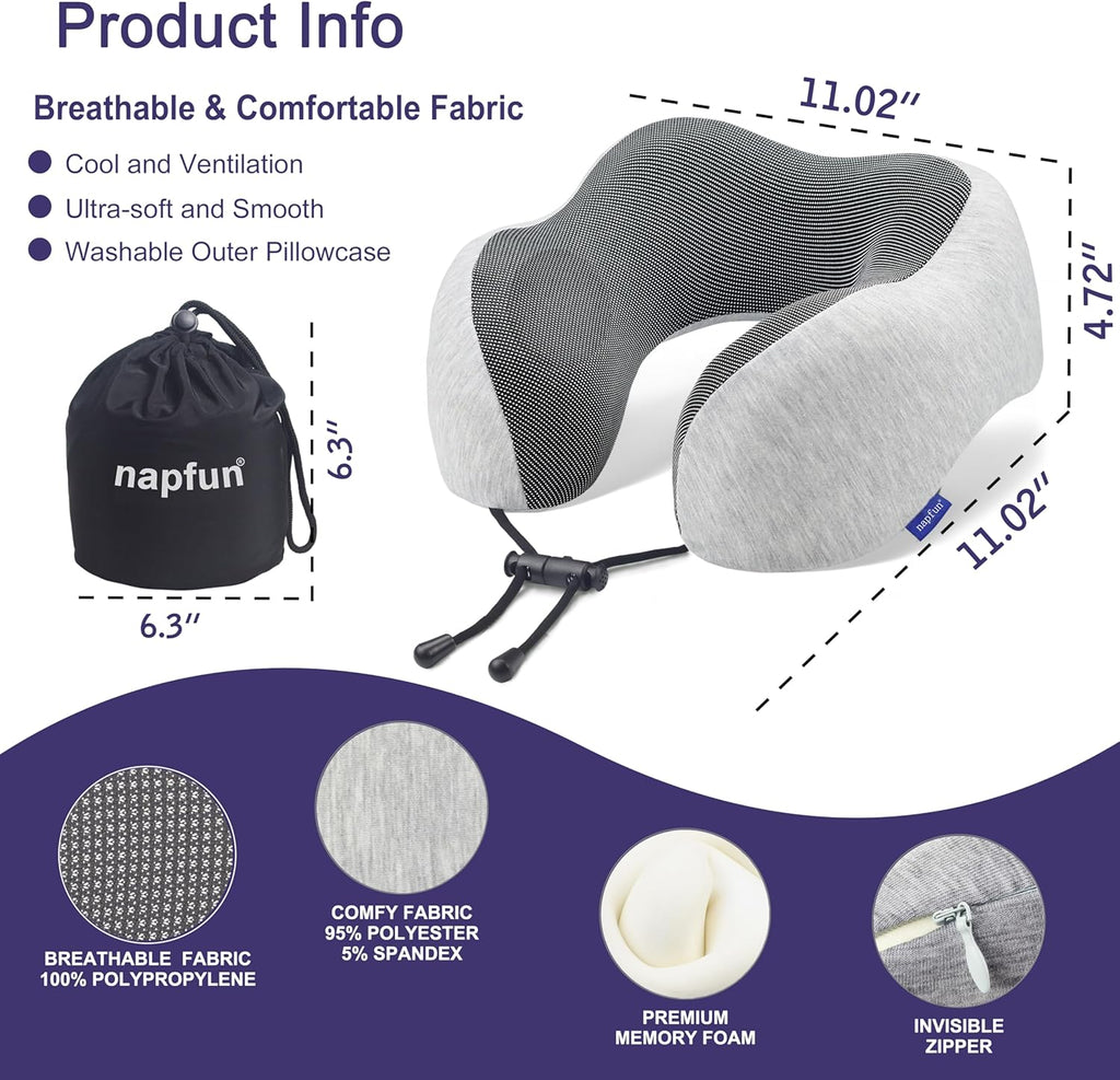 napfun Neck Pillow for Traveling, Upgraded Travel Neck Pillow for Airplane 100% Pure Memory Foam Travel Pillow for Flight Headrest Sleep…